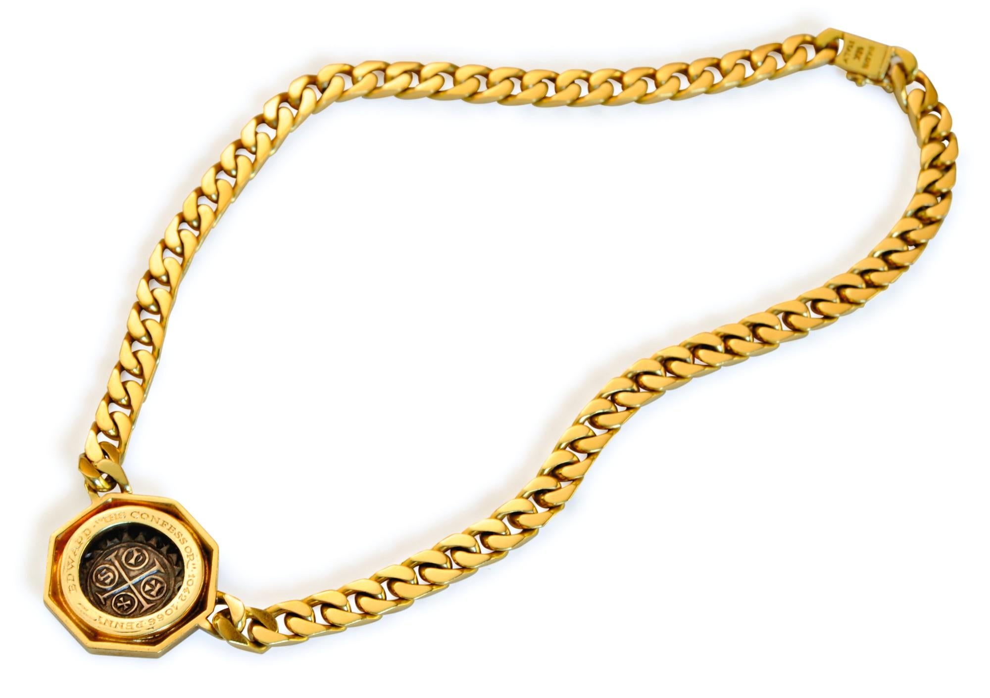 1970s Bulgari Monete 18 karat gold curb link chain necklace featuring a medieval English coin bezel-set in an octagonal mounting, the reverse inscribed 'Edward 