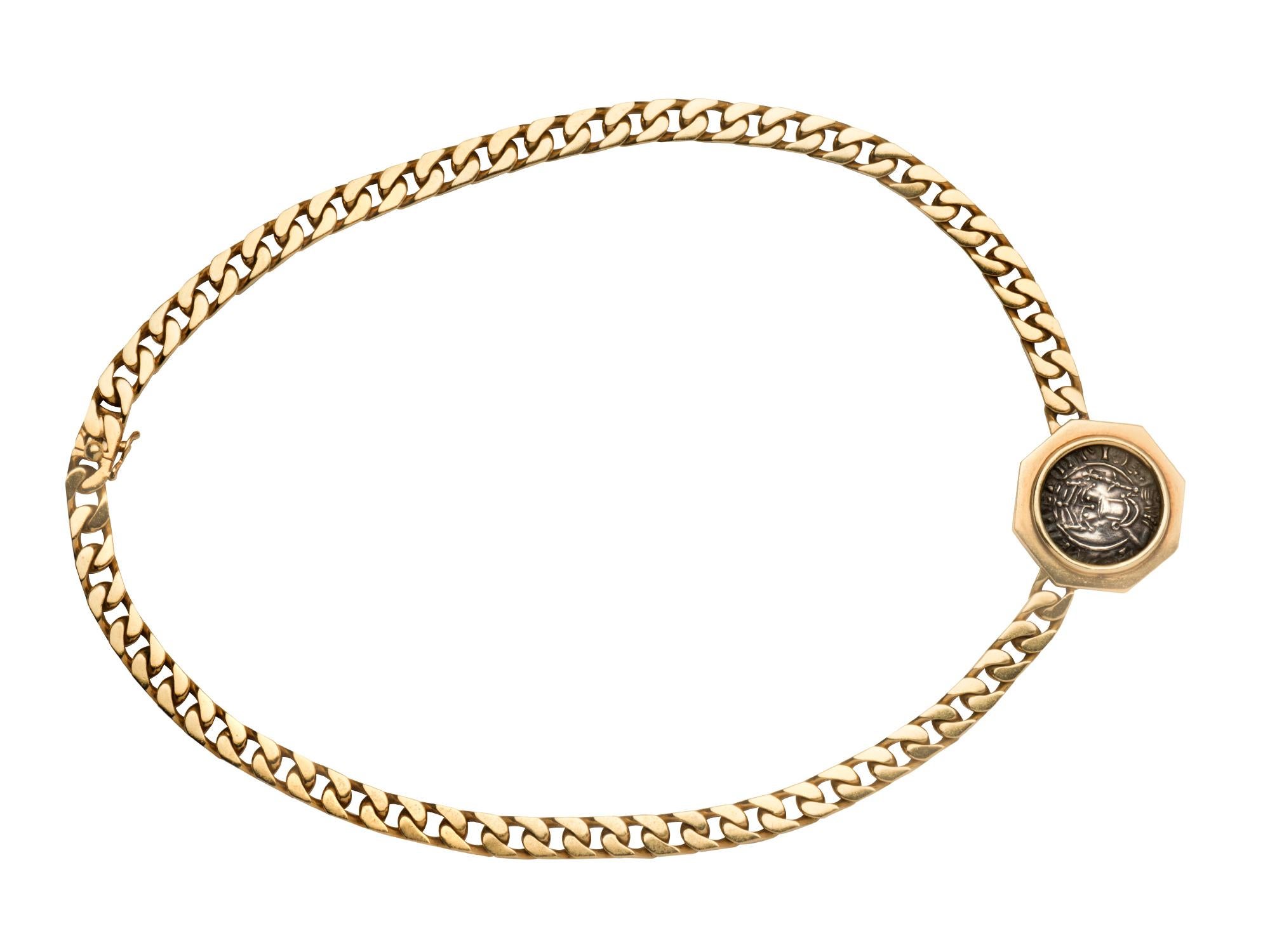 Bulgari Monete 18 karate yellow gold curb link chain with English coin set in an octagonal mounting with the inscription Edward.