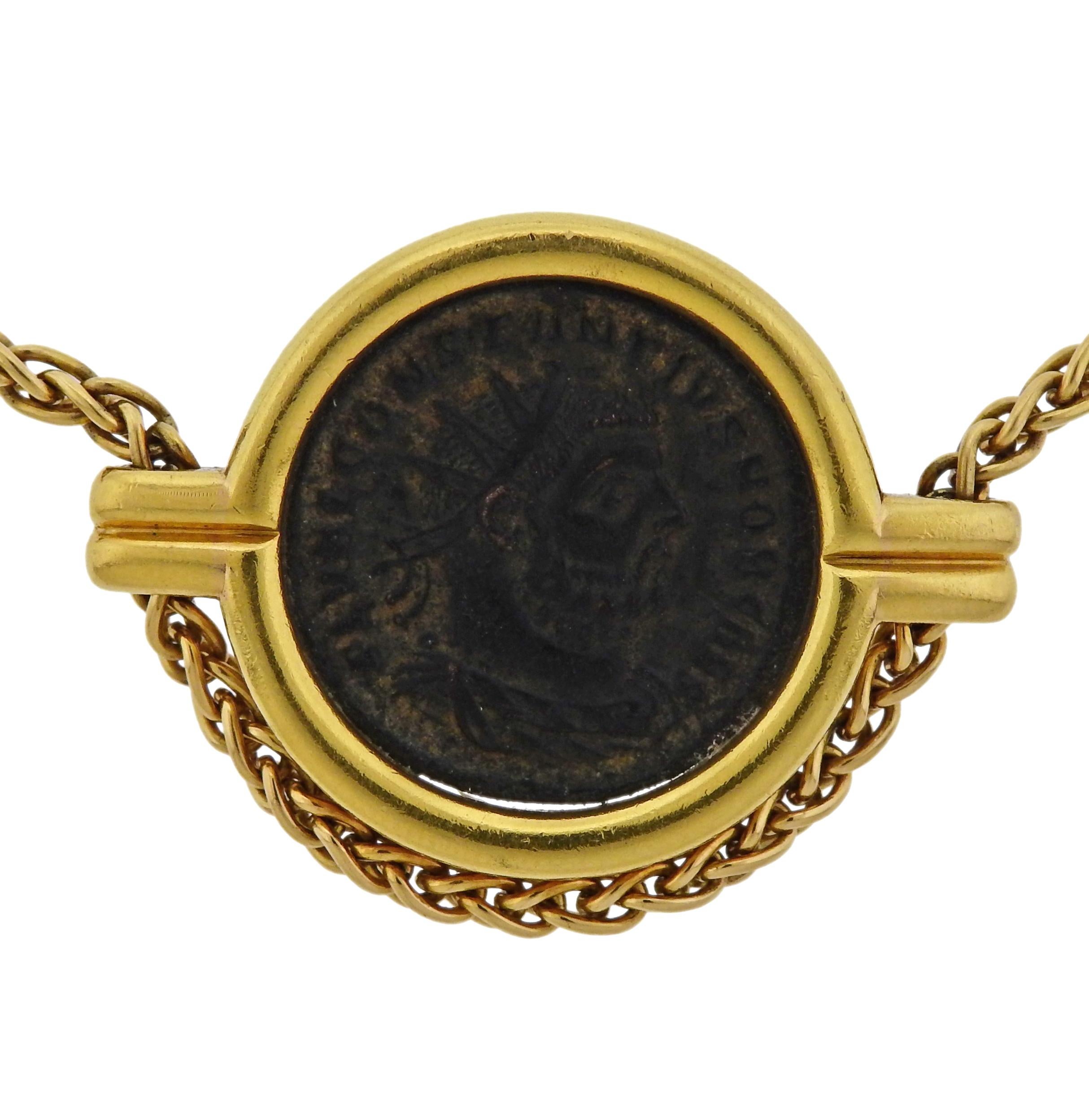 18k gold chain necklace, featuring Roma - Constantinus ancient coin, set in bezel pendant. Designed by Bvlgari.  Necklace is 18