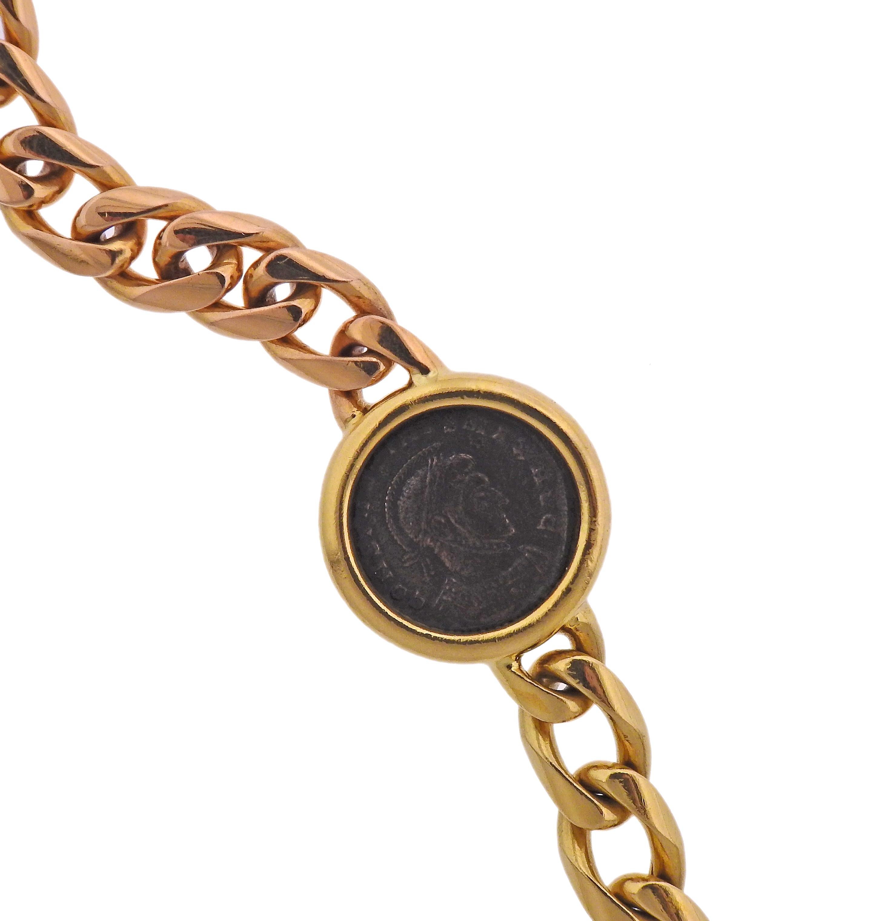Heavy and significant Monete necklace by Bvlgari, with 6 Roman Empire Constantinus ancient coins. Featuring 18k gold curb link necklace, alternating white, yellow and rose gold. Length - 30.5