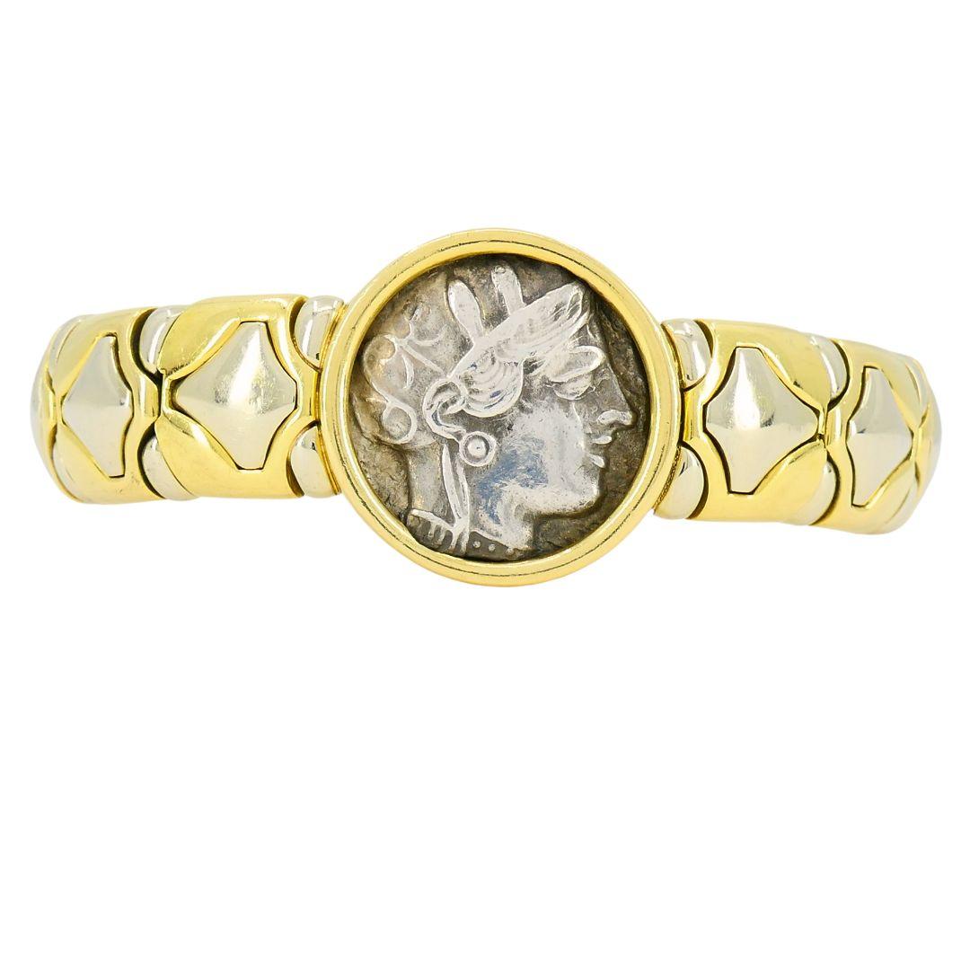 Bulgari Monete Silver Ancient Coin 18k Two Tone Gold Cuff Bracelet In Good Condition In Beverly Hills, CA