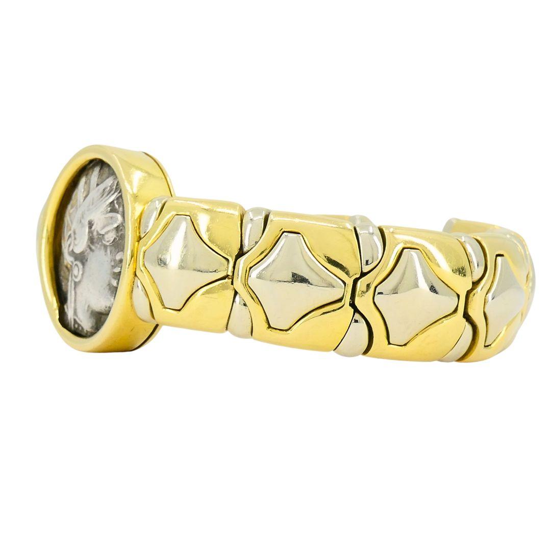 Women's or Men's Bulgari Monete Silver Ancient Coin 18k Two Tone Gold Cuff Bracelet
