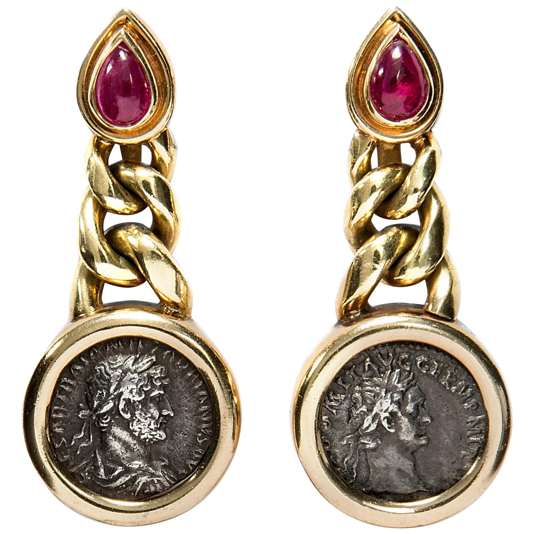 Bulgari Monete Vintage circa 1990 18 Karat Gold Chain Ruby Roman Coin Ear Clips
