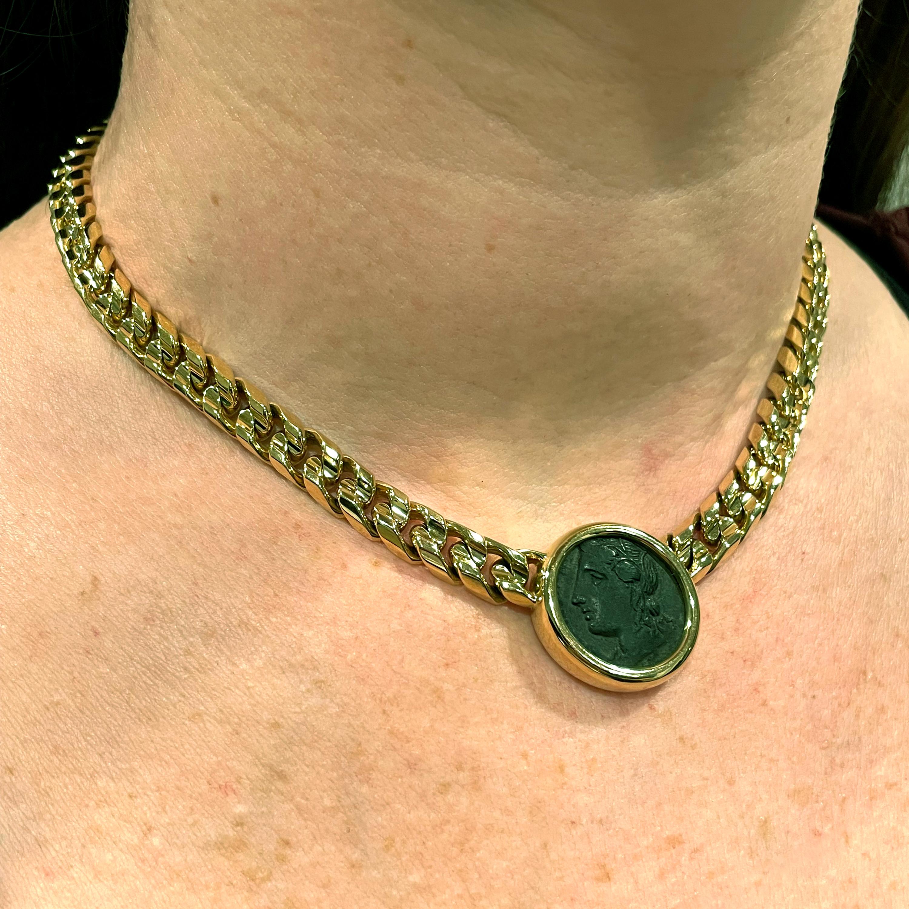 Women's or Men's Bulgari Monete Vintage Curb Yellow Gold Ancient Coin Necklace For Sale