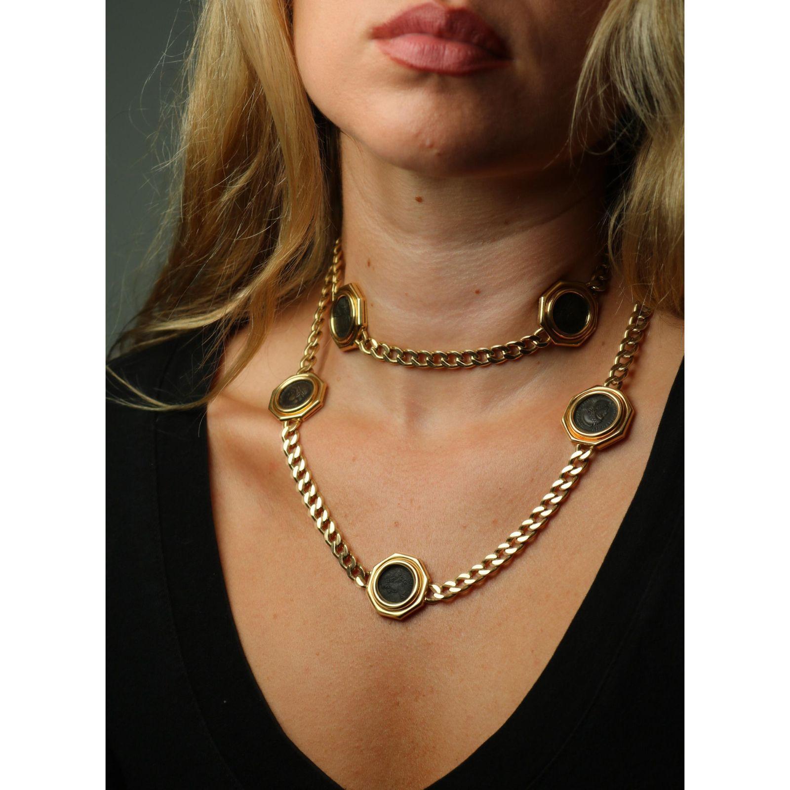 Bulgari Monete Yellow Gold Ancient Coin Curb Link Necklace 18k 8 Coins 35