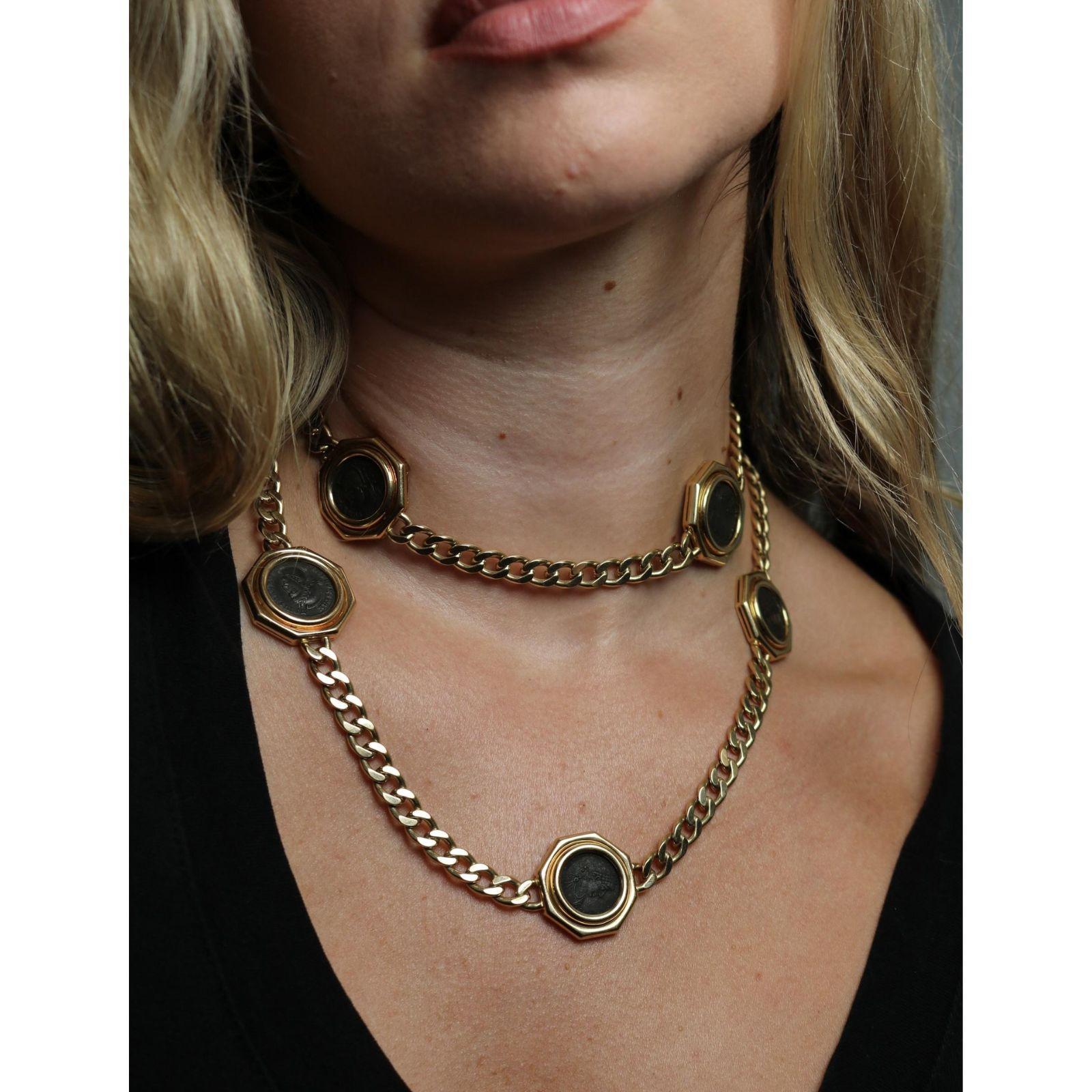 Bulgari Monete Yellow Gold Ancient Coin Curb Link Necklace 18k 8 Coins 35