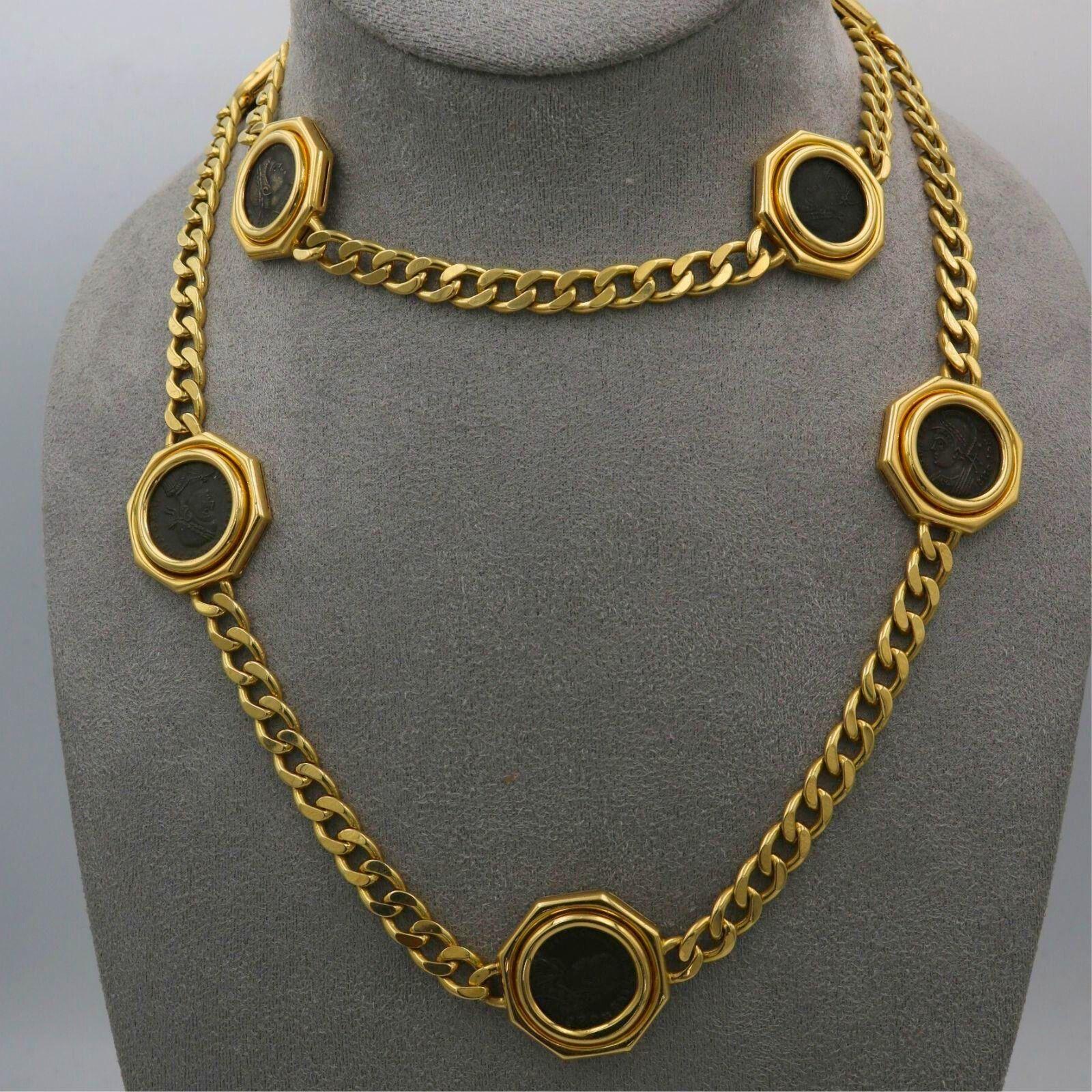 Women's Bulgari Monete Yellow Gold Ancient Coin Curb Link Necklace 18k 8 Coins 35