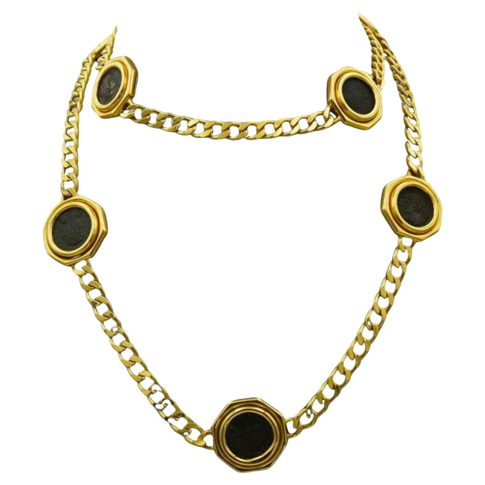 Bulgari Monet Yellow Gold Ancient Coin Curb Link Necklace 18k 8 Coins 35" (collier à maillons en or jaune de Bulgari)