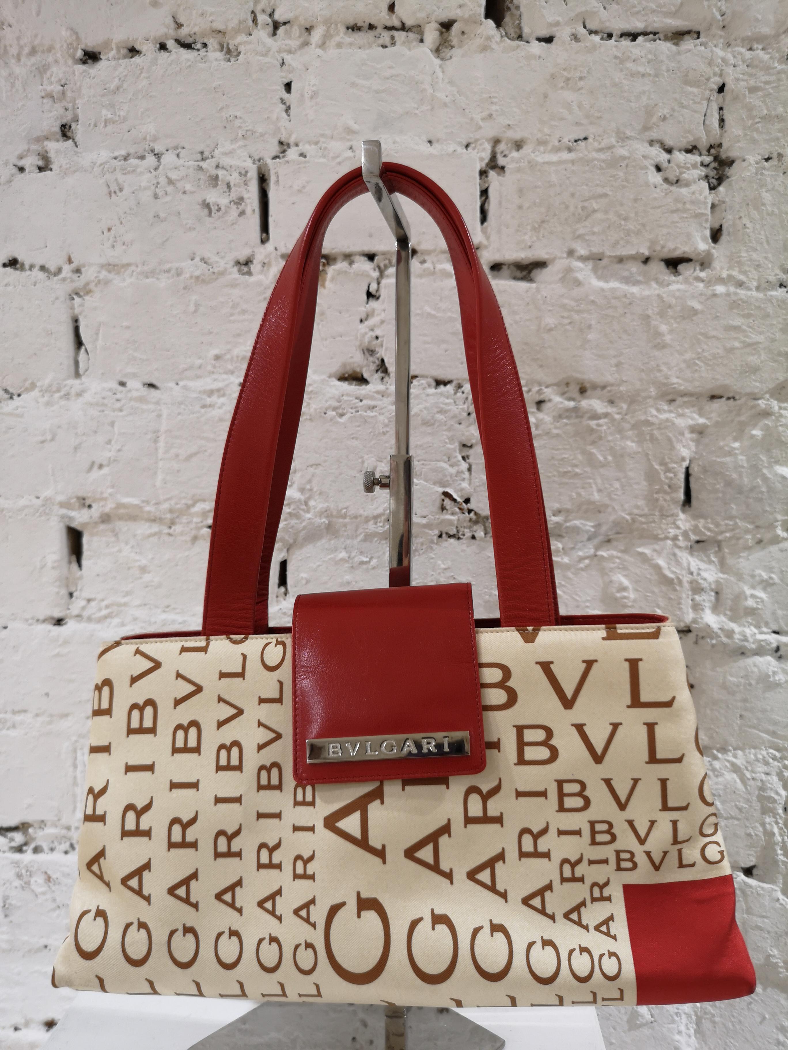 Bulgari Monogram Silk and red Leather shoulder bag 4