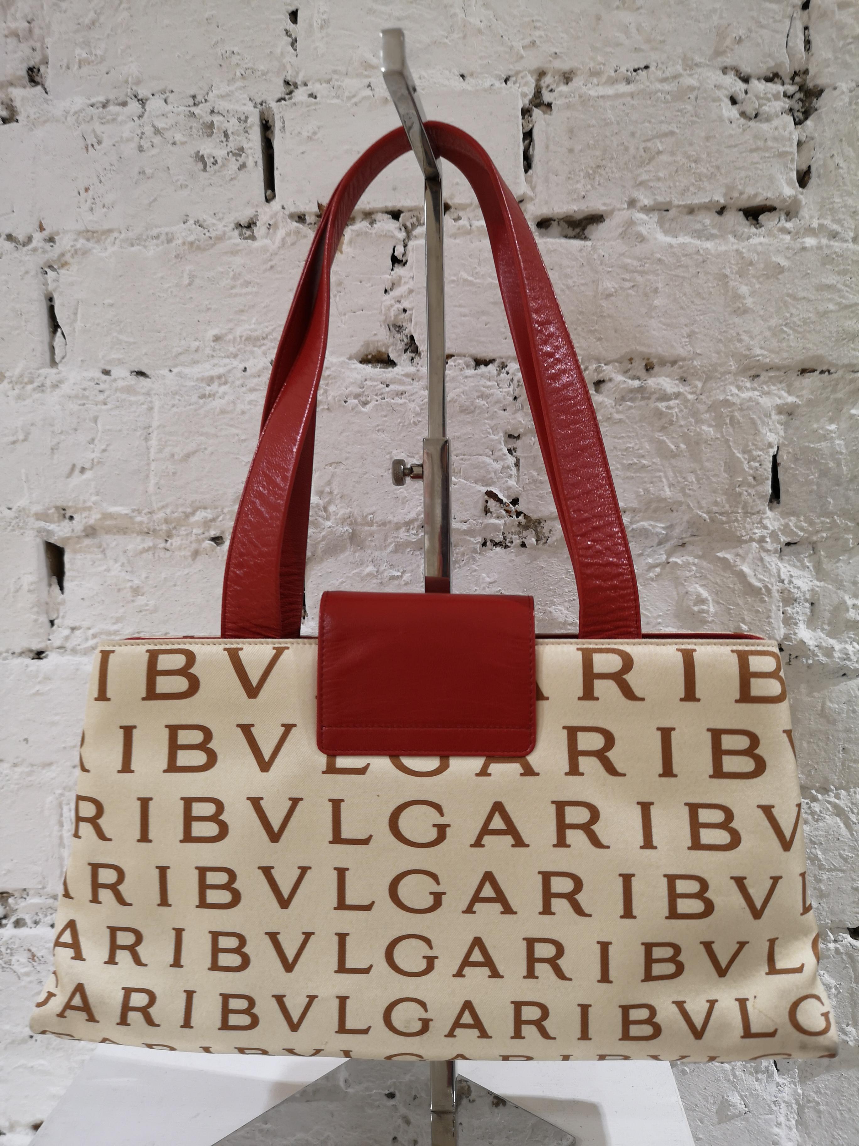 Brown Bulgari Monogram Silk and red Leather shoulder bag