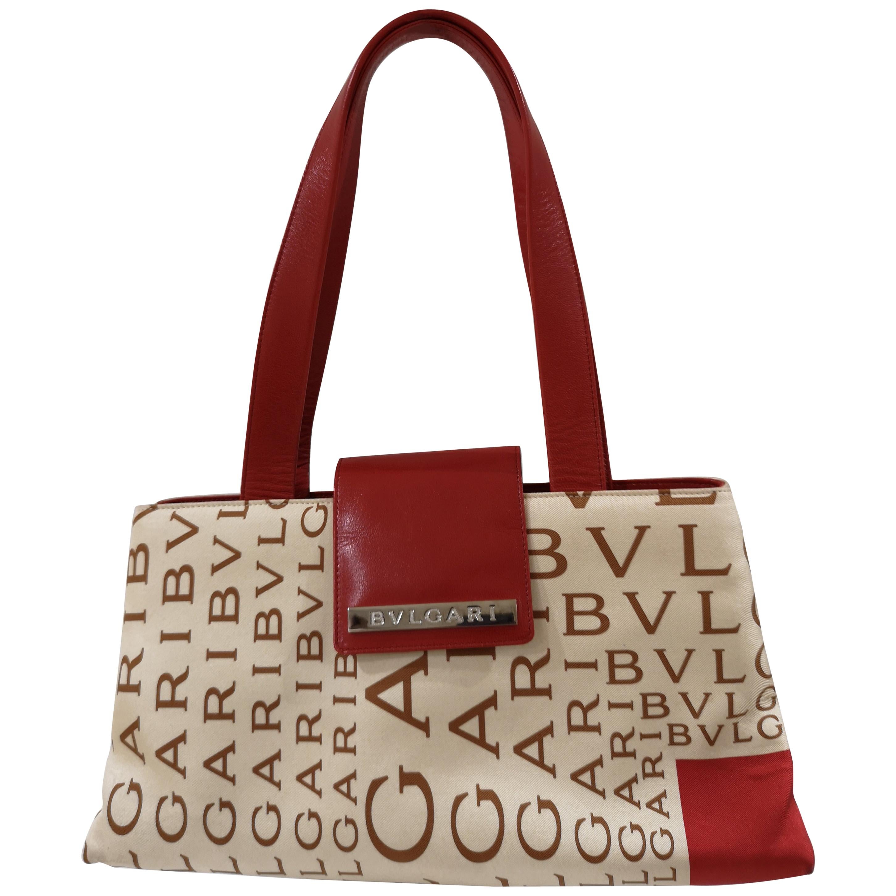 Bulgari Monogram Silk and red Leather shoulder bag