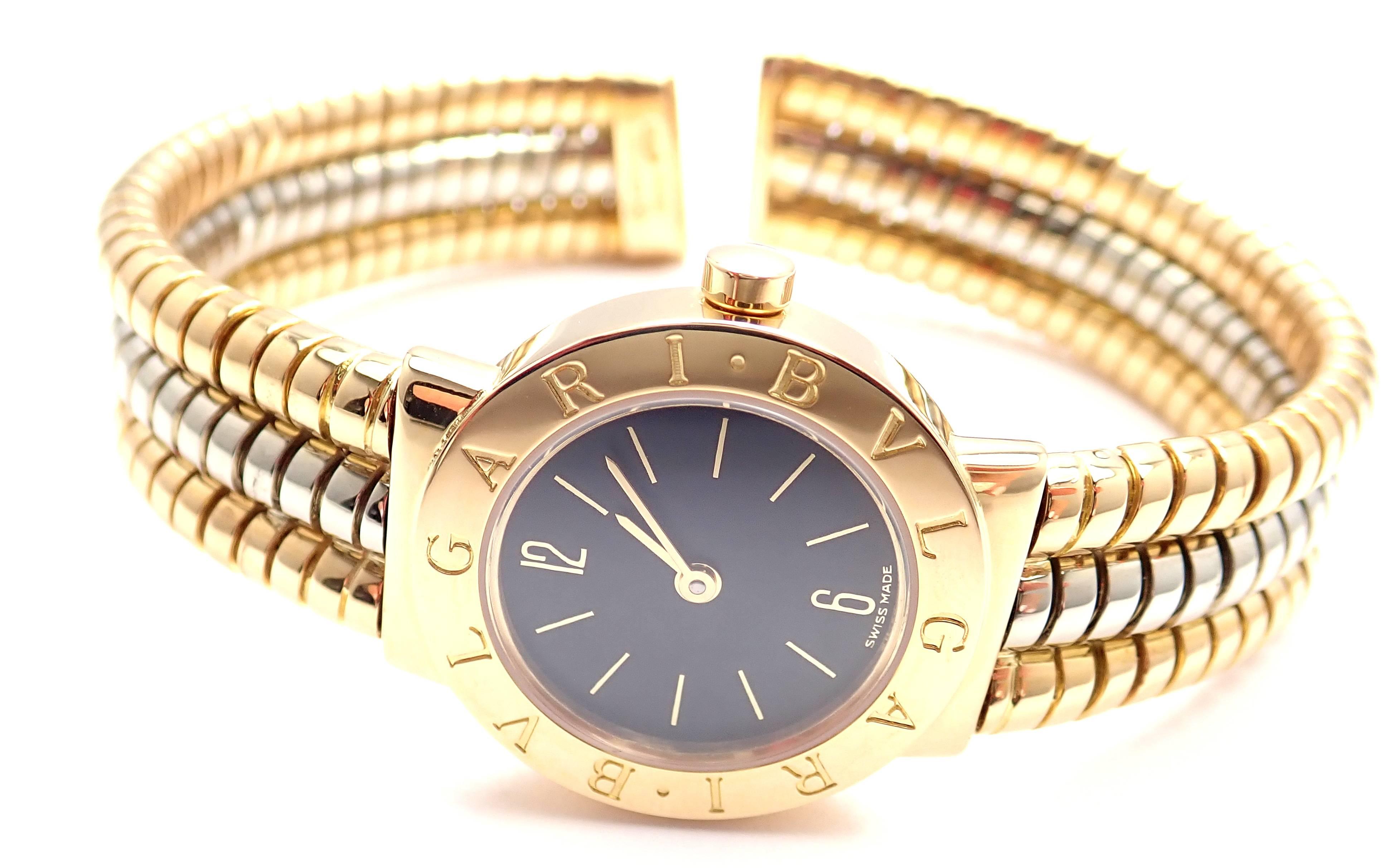 Bulgari lady's 18k multi color gold Tubogas Serpent Snake bracelet watch. 
Details:
Model: BB232T
Movement Type: Quartz
Case Size: case diameter: 23mm
Crystal: Anti-glare Sapphire
Wrist Size: 7 inches, this design is flexible so it will fit most