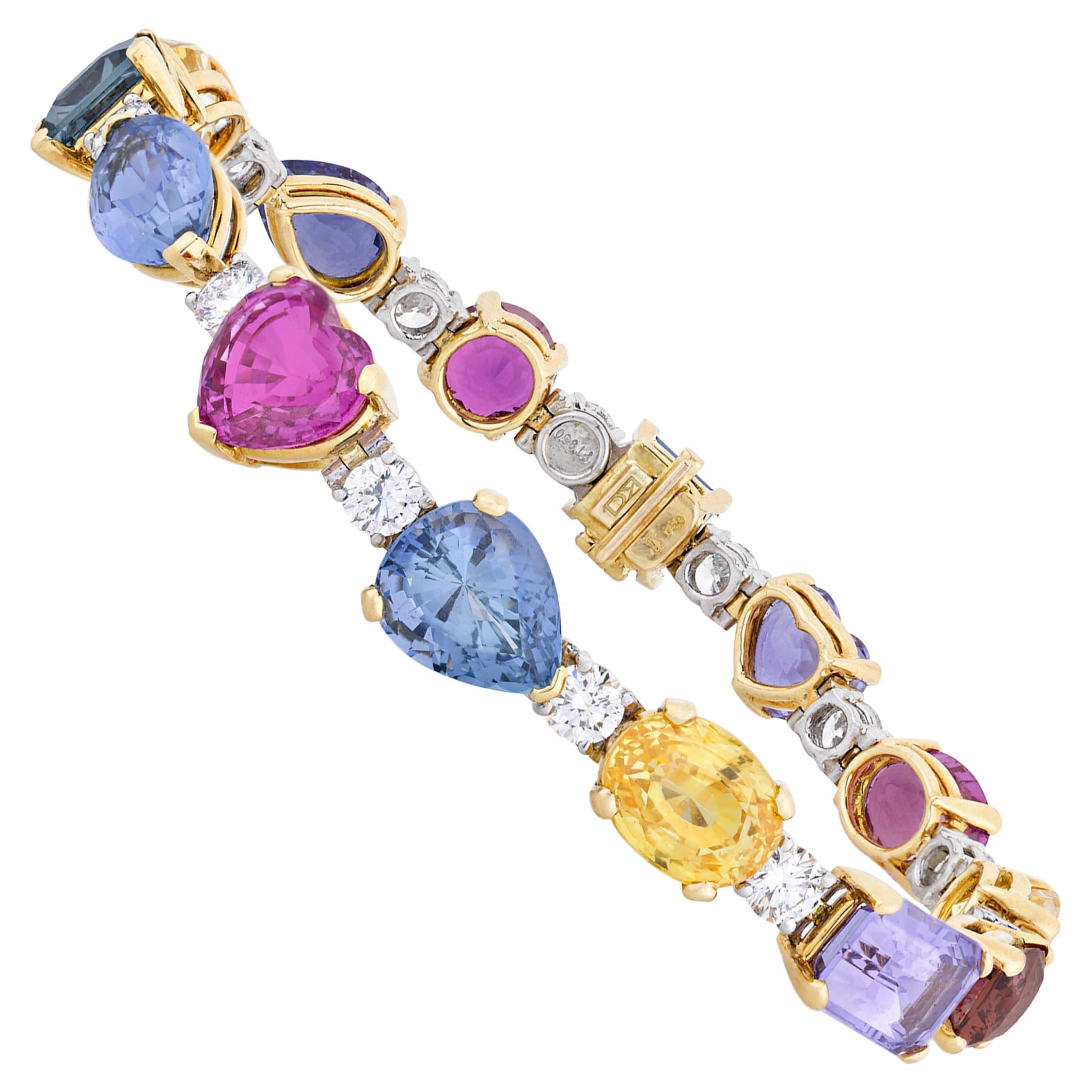 14K Gold Rainbow Sapphire Pave Cuban Link Bracelet