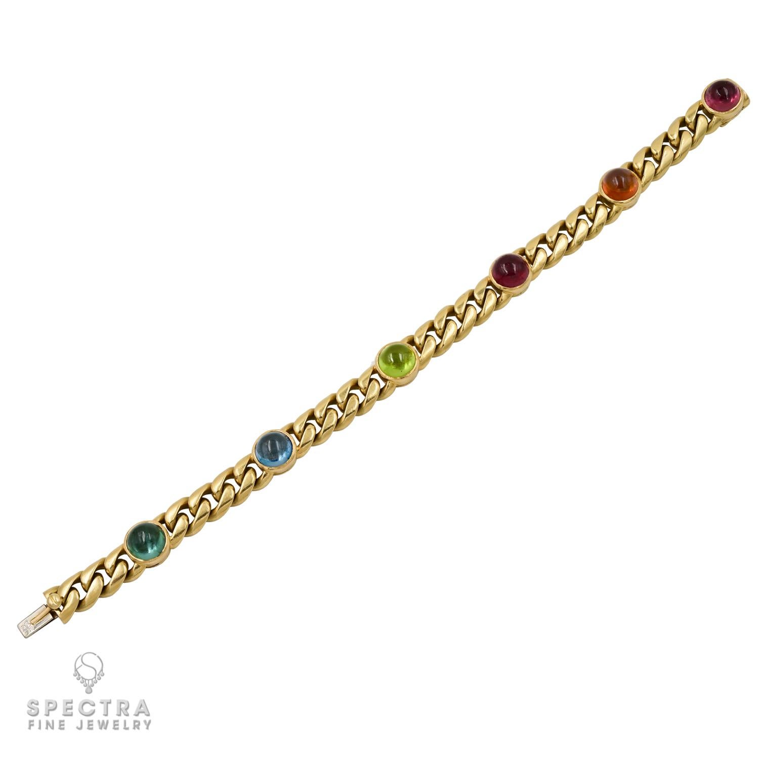The Bulgari Gemstone 18k yellow gold Vintage Chain Bracelet is a remarkable piece of jewelry showcasing exquisite craftsmanship and materials. Created in the 1990s, this bracelet boasts a design that remains timeless and elegant to this day. Crafted