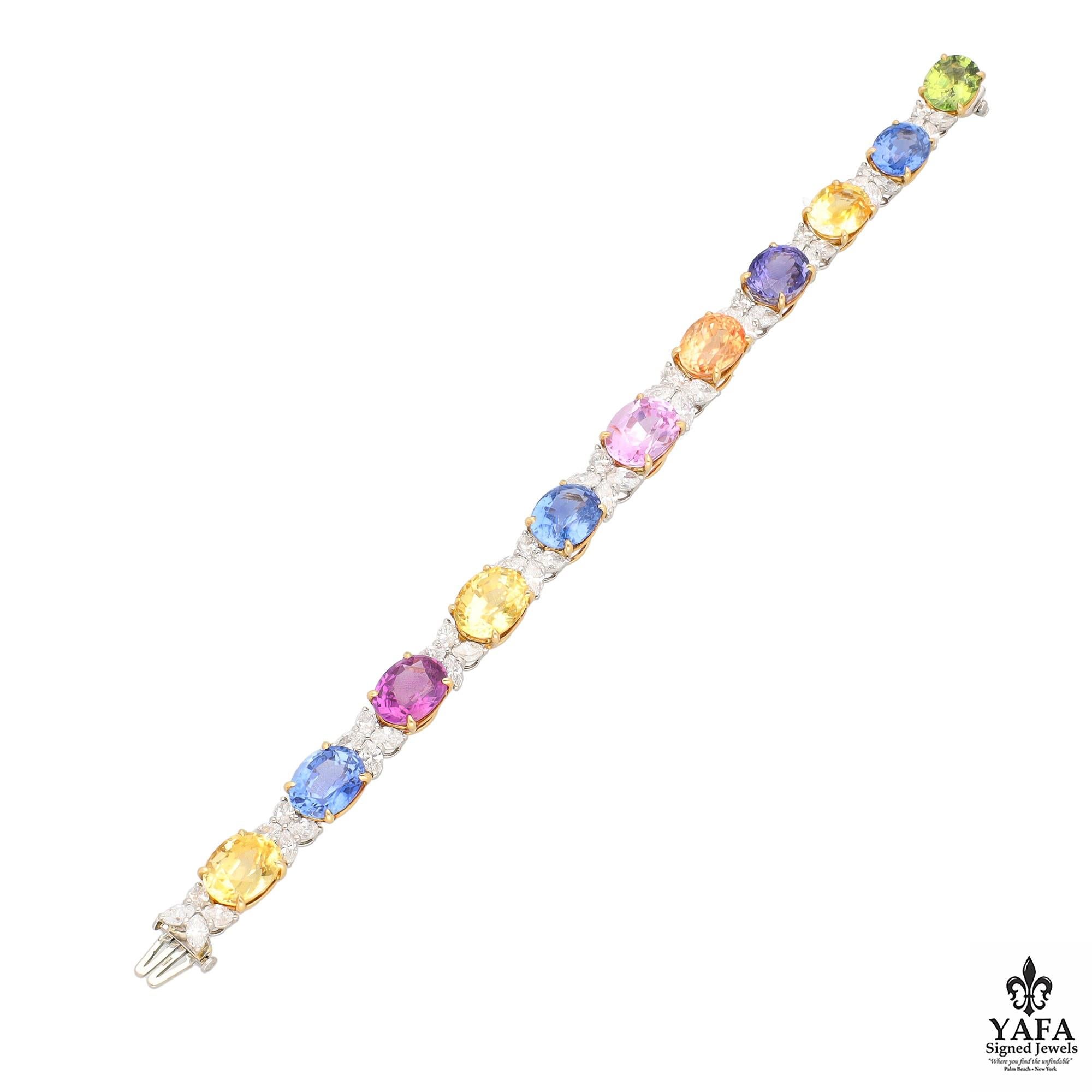 A glamorous Bulgari bracelet, set with oval shaped colored sapphires, each separated by marquis shaped diamond clusters set in yellow and white gold.  Accompanied by AGL and Gueblin report.
Diamond weight approximately 8cts.
Length: 7.25