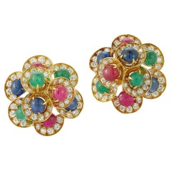 Bulgari Multi Gem Cabochon and Diamond Floral Earrings