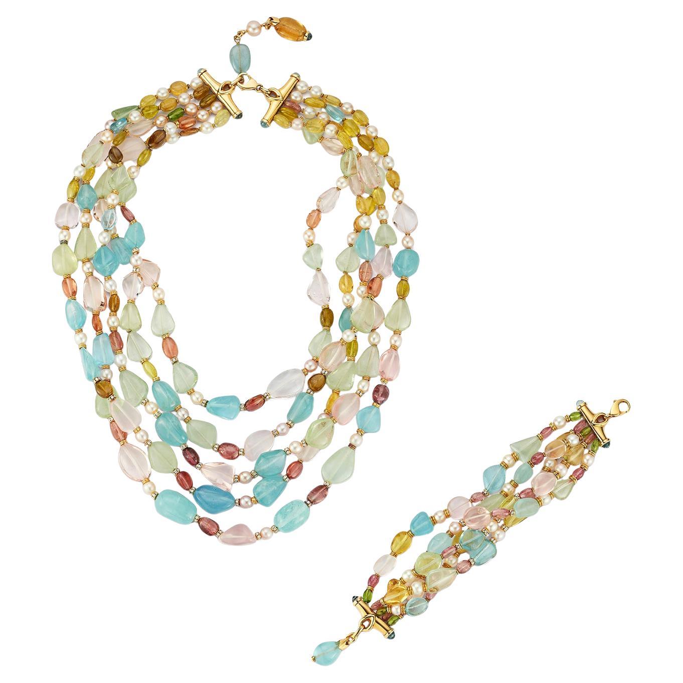 Bulgari Set di collana e bracciale con perle e pietre multiple in vendita