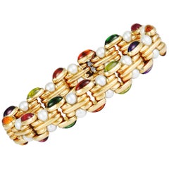 Bulgari Multi Gemstone Cabochons and Pearls Yellow Gold Bracelet