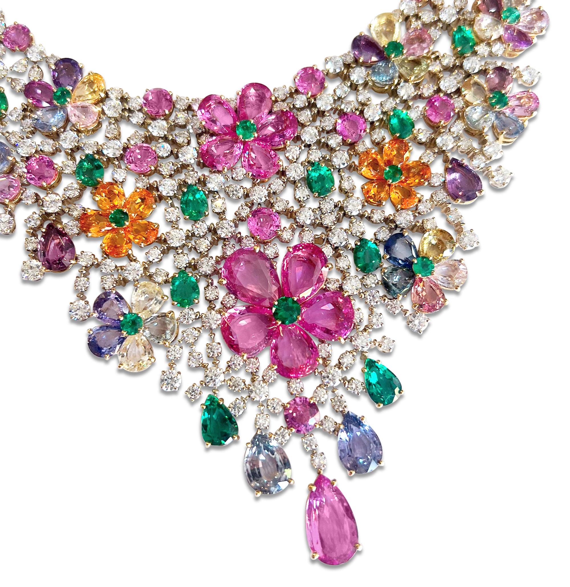 This exquisite Bulgari necklace features a captivating array of multicolor sapphires, mandarin garnets, emeralds and diamonds, crafted over more than a thousand hours of meticulous work. The necklace’s lace-like, floral design embodies elegance,