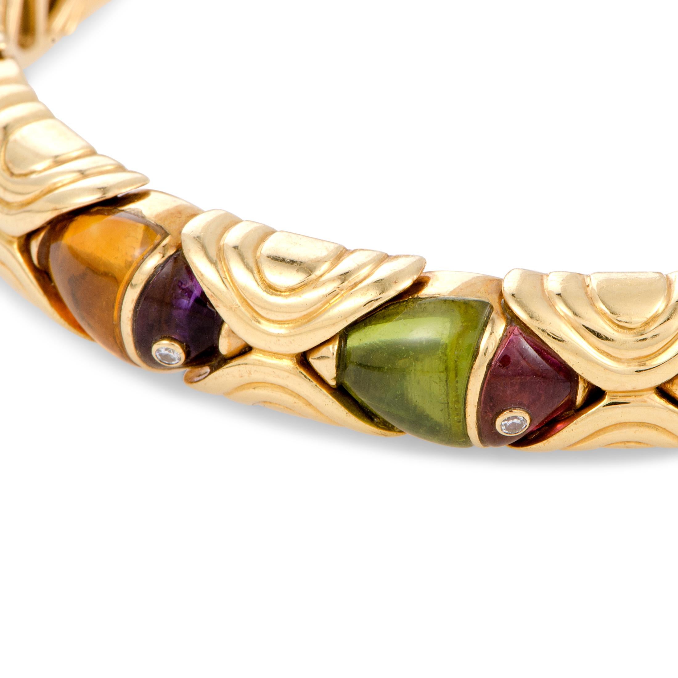 Bulgari Multi Gemstone Yellow Gold Fish Bangle Open Bracelet In Excellent Condition In Southampton, PA