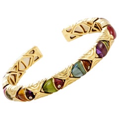 Bulgari Multi Gemstone Yellow Gold Fish Bangle Open Bracelet