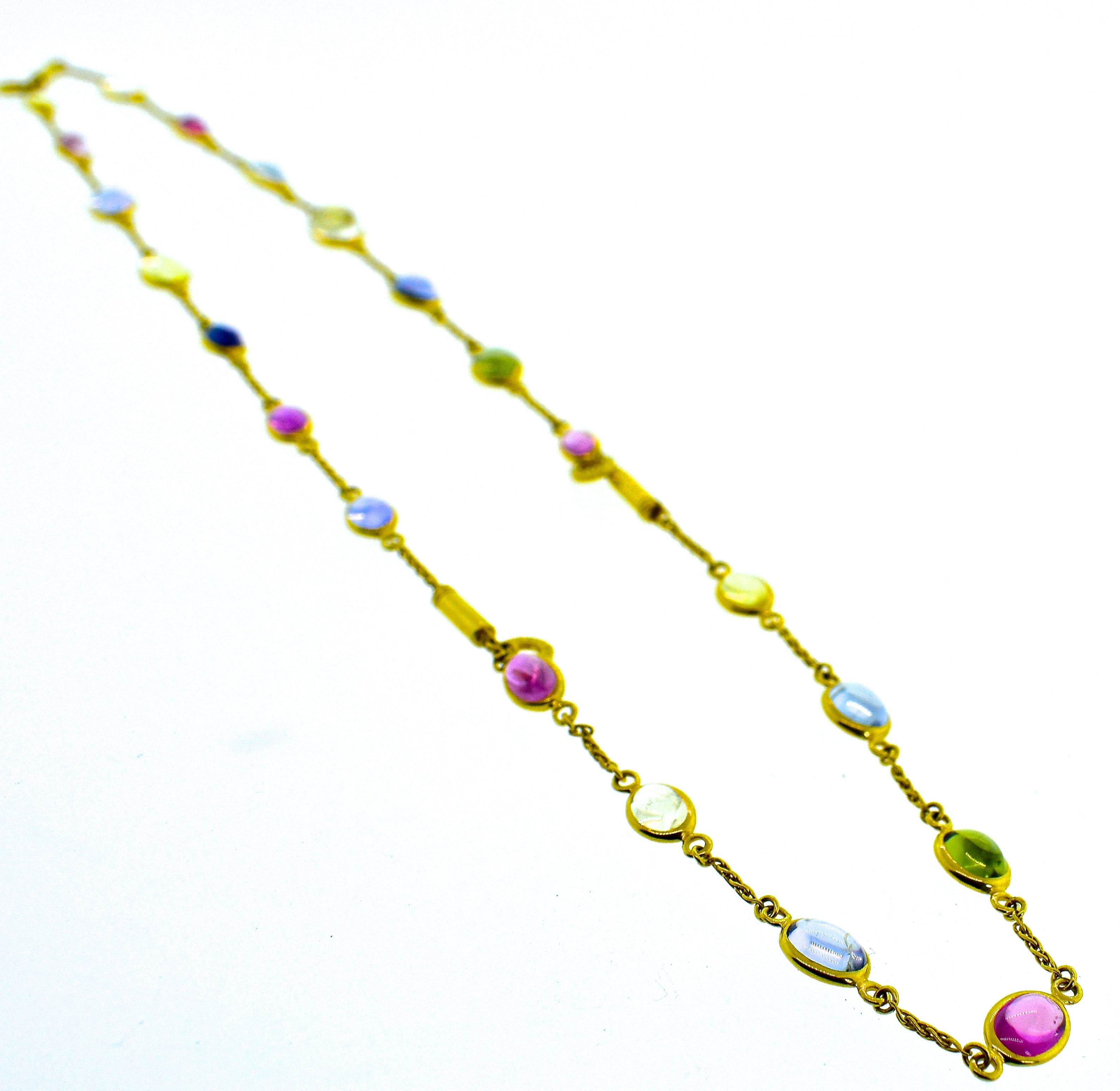 Bulgari multi color sapphire stones set in 18K.  This 18K yellow gold piece can be worn as a necklace and also as 3 bracelets - all just slightly more than 7 inches each.  There are 21 natural sapphires weighing approximately 35 cts.  Clasp the