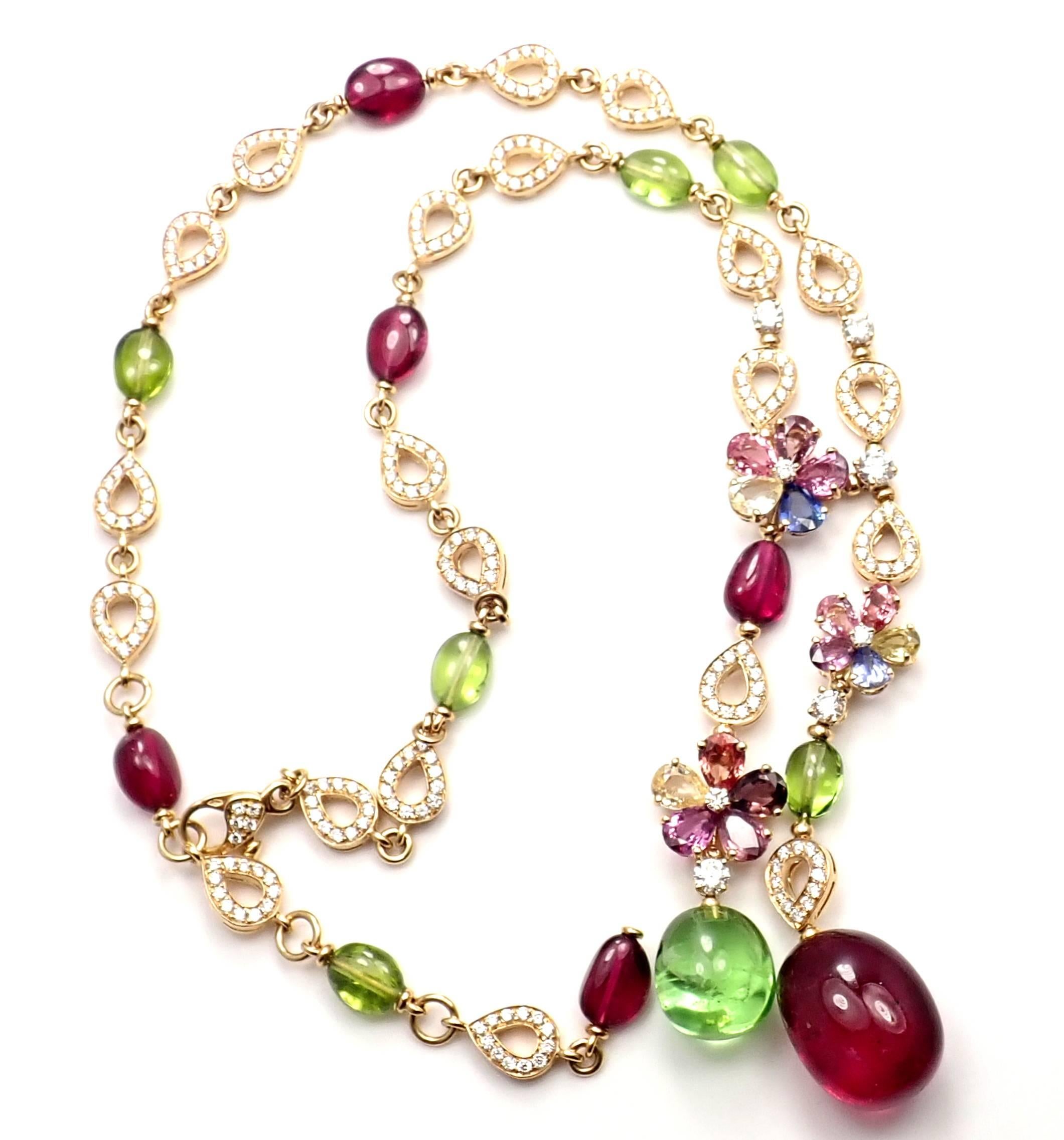 18k Yellow Gold Diamond Multicolor Sapphire Rubellite Peridot Necklace by Bulgari. 
With 281 round brilliant cut diamonds, peridots, rubellites, fancy color sapphires.
Retail Price: $77,000 plus tax.
Details:
Length 16