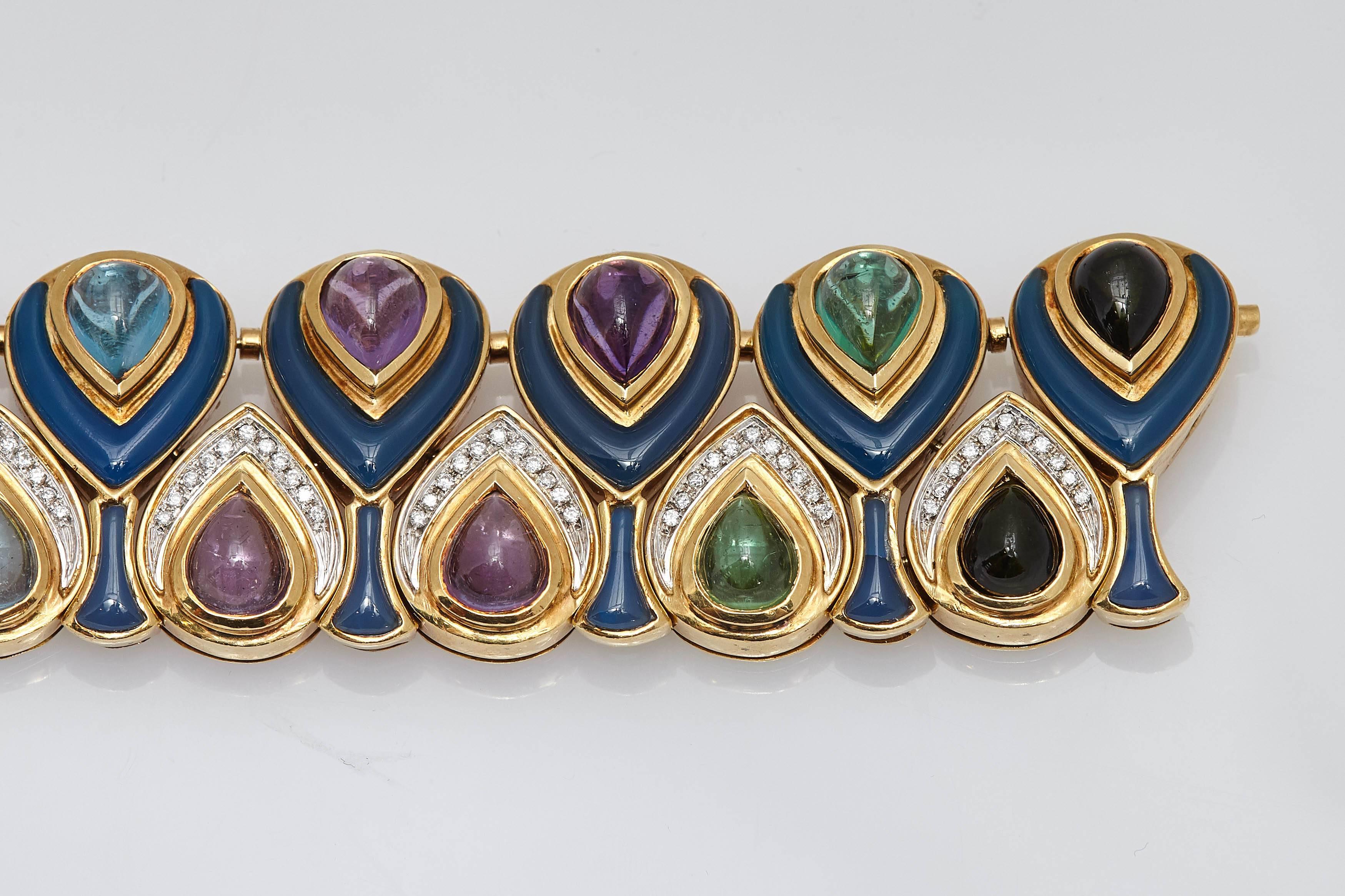 An unusual diamond, amethyst, blue topaz and blue enamel bracelet, mounted on 18kt yellow gold. By Bulgari, circa 1970. 