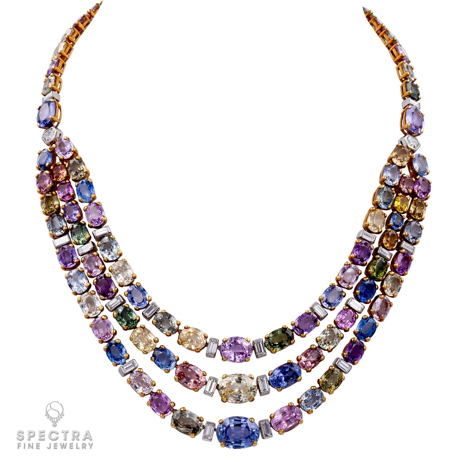 Admirez l'allure époustouflante du collier Bulgari à saphir multicolore et diamant à trois niveaux, une pièce exquise qui incarne l'opulence et la sophistication des années 1990. Ce collier radieux, qui témoigne de l'héritage de Bulgari en matière