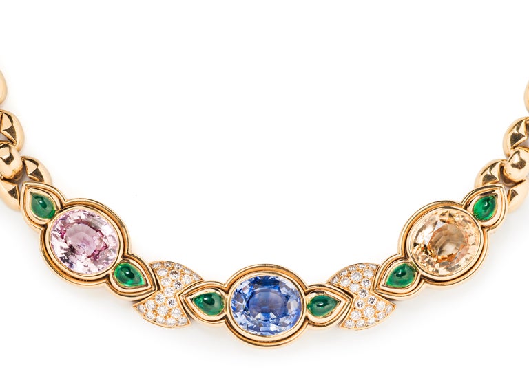 Mixed Cut Bulgari Multicolored Sapphire, Emerald and Diamond Necklace and Ear Clip Suite For Sale