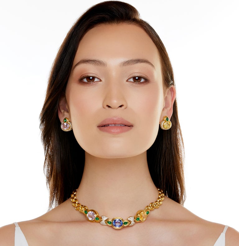 Women's or Men's Bulgari Multicolored Sapphire, Emerald and Diamond Necklace and Ear Clip Suite For Sale
