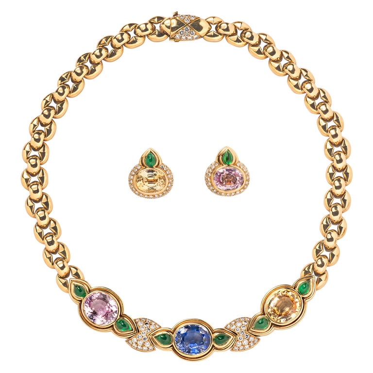 Bulgari Multicolored Sapphire, Emerald and Diamond Necklace and Ear Clip Suite For Sale