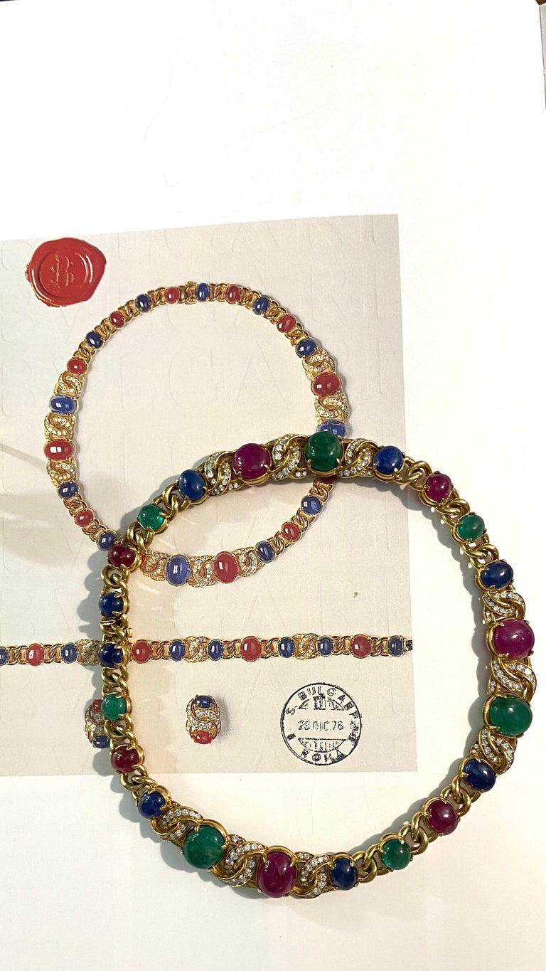 Round Cut Bulgari Rubies Sapphires and Emeralds Vintage Necklace  For Sale