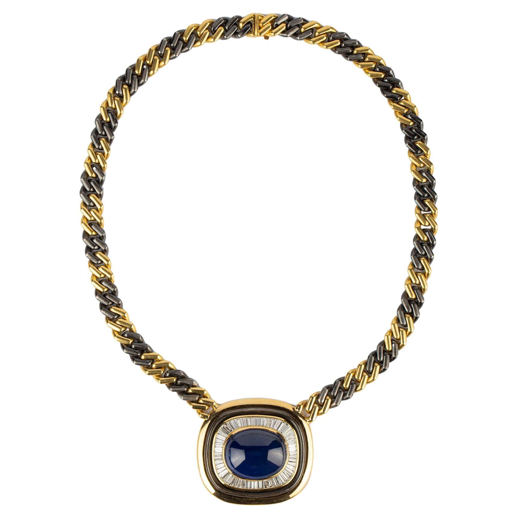 Bulgari Natural Cabochon Sapphire Chain Necklace For Sale