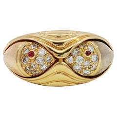 Bulgari Naturalia Diamond Ring 18K Tri Color Gold Ruby Eyes Size 6.25
