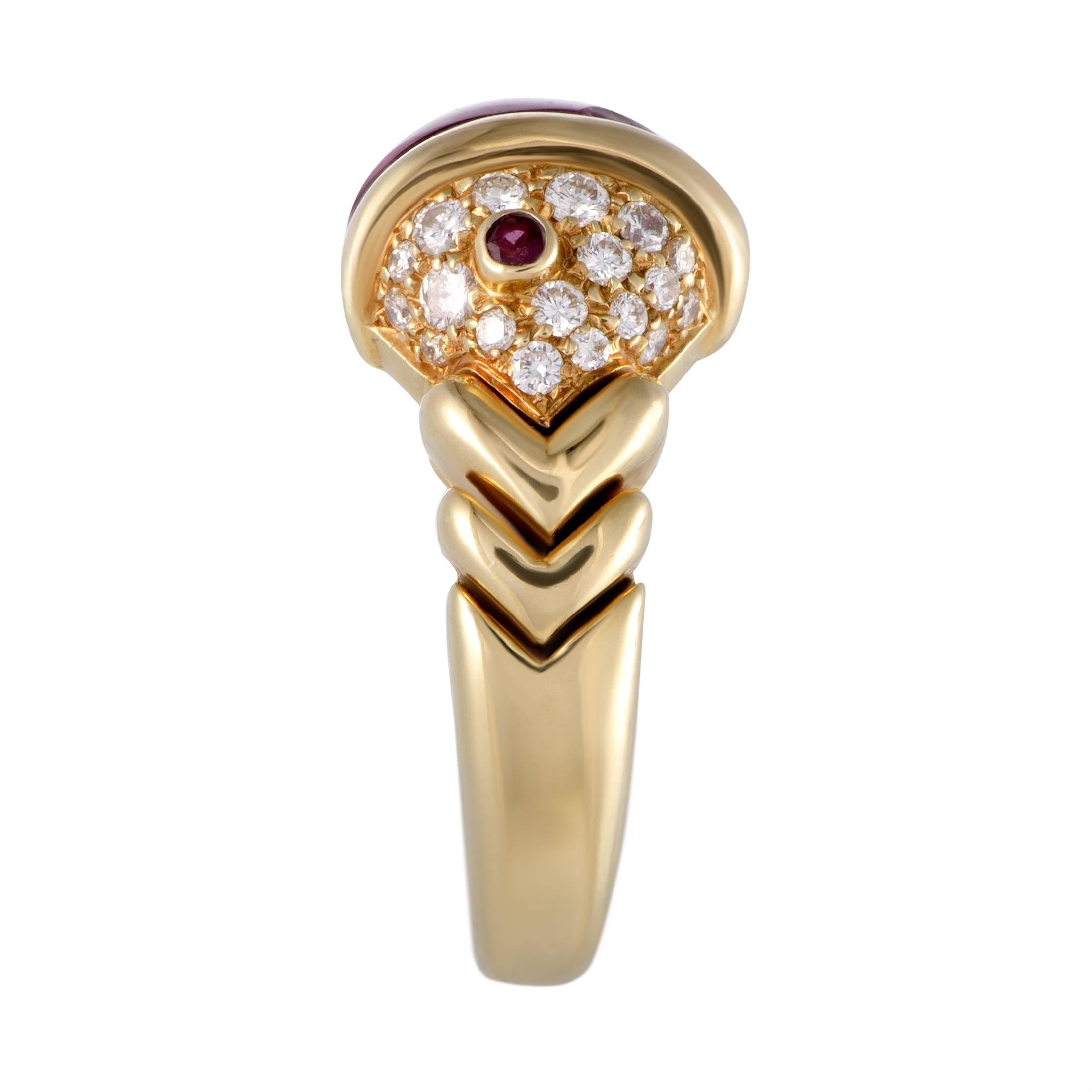 Bulgari Naturalia Fish Diamond Ruby and Pink Tourmaline Yellow Gold Ring In Excellent Condition In Southampton, PA