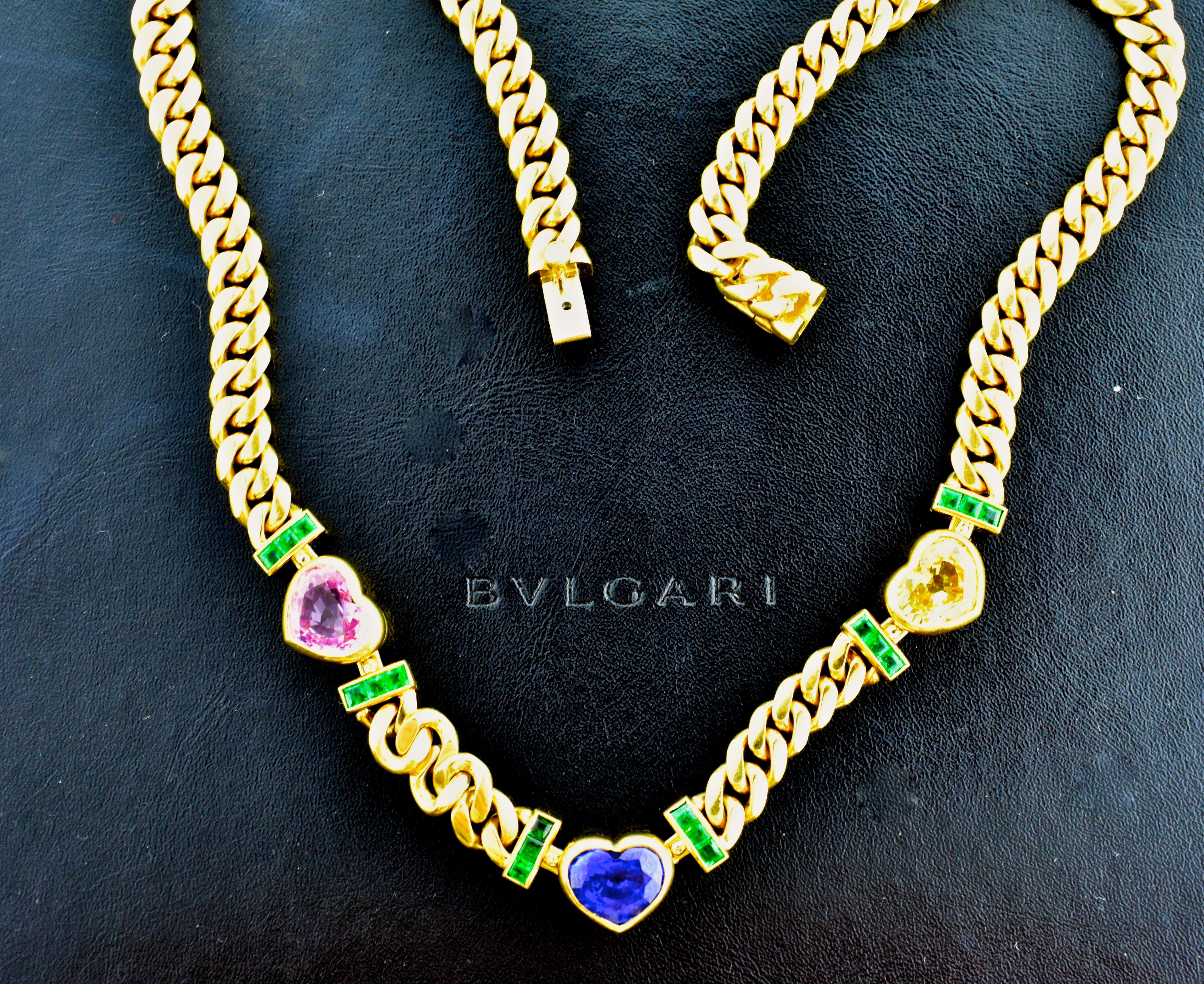 Bulgari necklace composed of 3 fine natural sapphires - pink, blue and yellow.  The center blue sapphire is accompanied by a certificate from G.I.A, stating that this stone weighs 3.5 cts., is unheated and from Burma.  The weight of each sapphire is