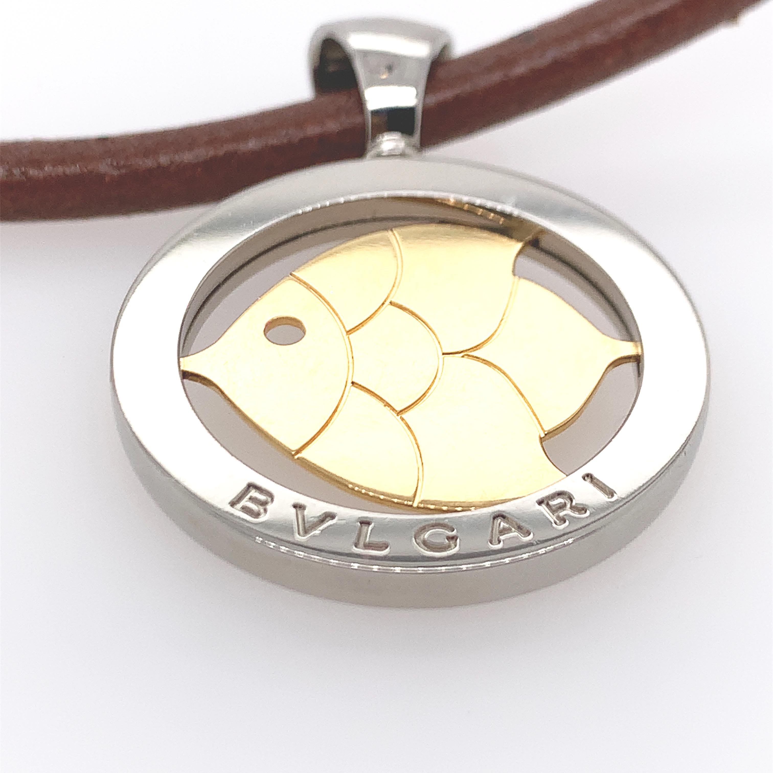 18K Y/gold and stainless steel leather necklace, stamps BVLGARI 750 Steel 2337 AL Made in Italy.