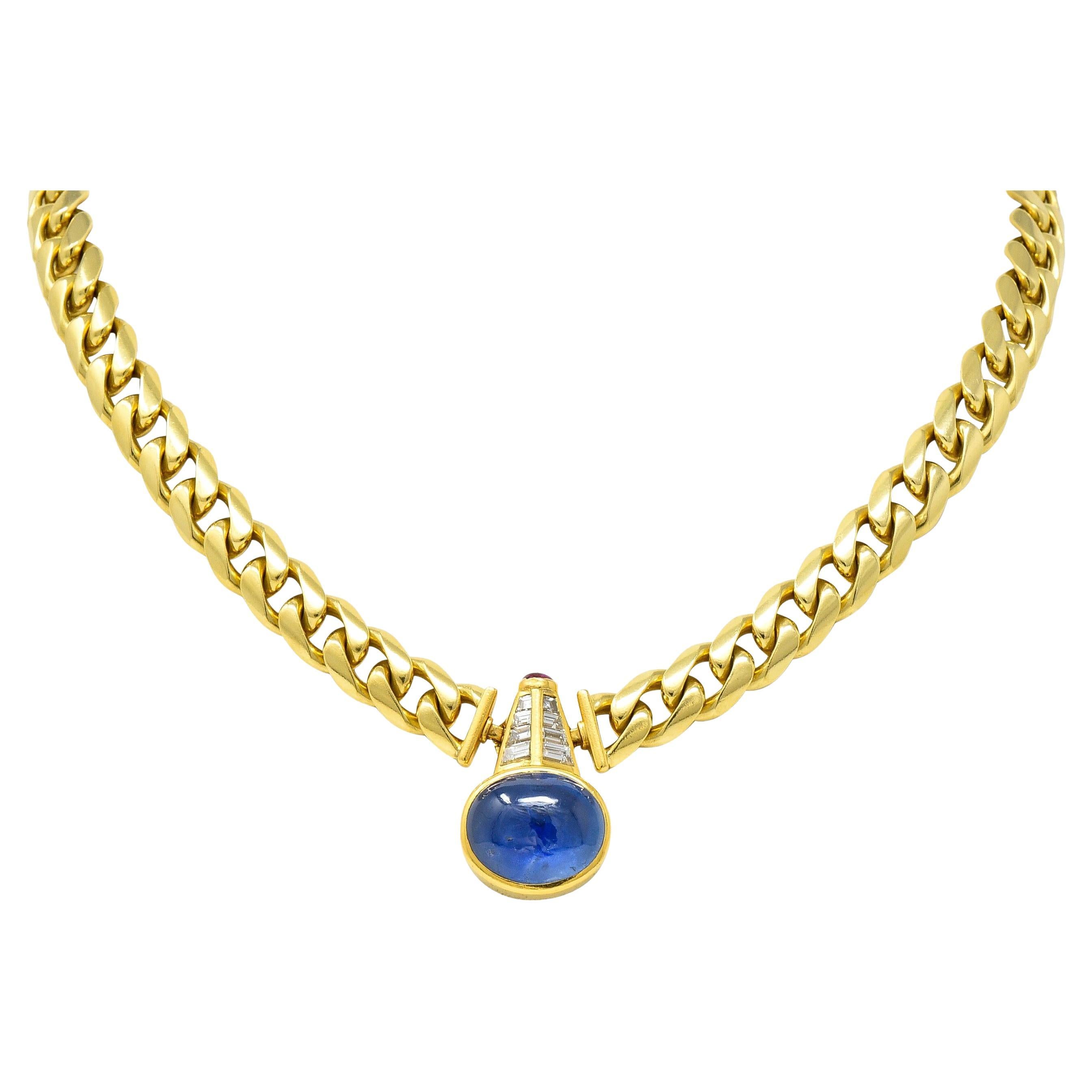Bulgari No Heat Burma Sapphire Ruby Diamond 18K Yellow Gold Vintage Necklace For Sale