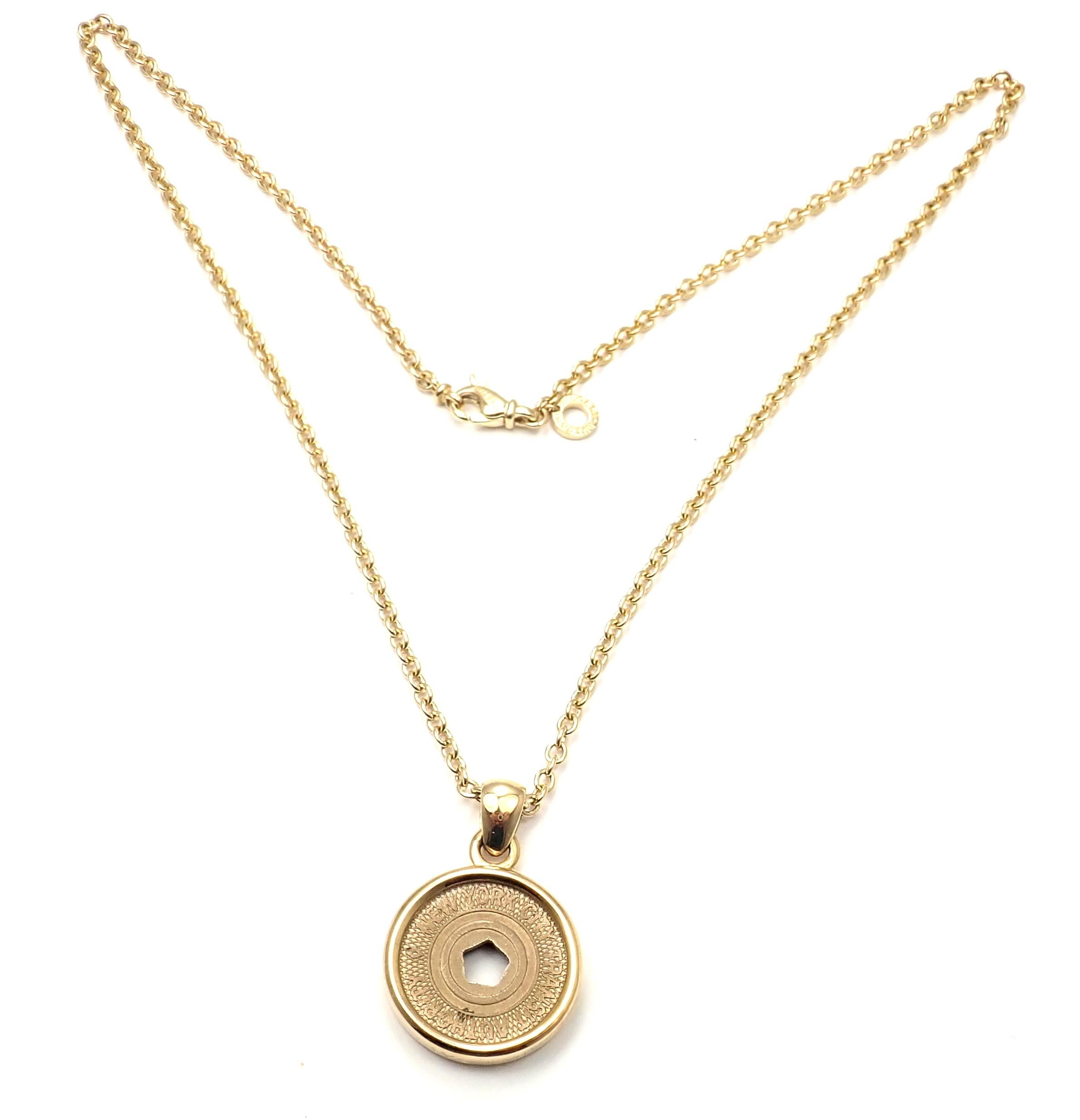 18k Yellow Gold NYC Subway Token Limited Edition Pendant Necklace by Bulgari. 
Details:
Weight: 21.1 grams
Length: 18