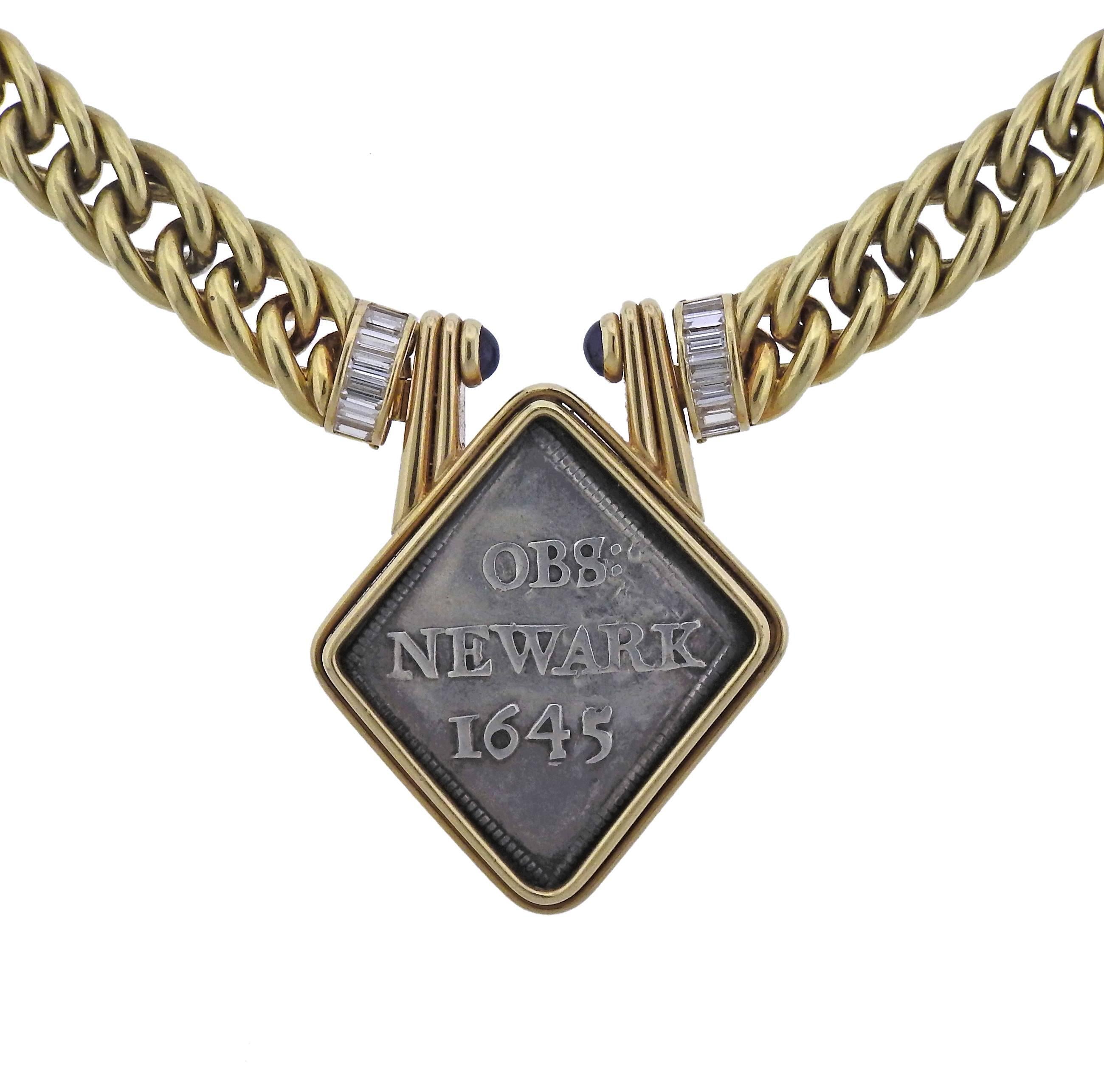 18k gold chain necklace, crafted by Bulgari, set with an OBS: Newark 1645 coin, with sapphire cabochons and approx. 0.60ctw in diamonds. Necklace is 14 3/4