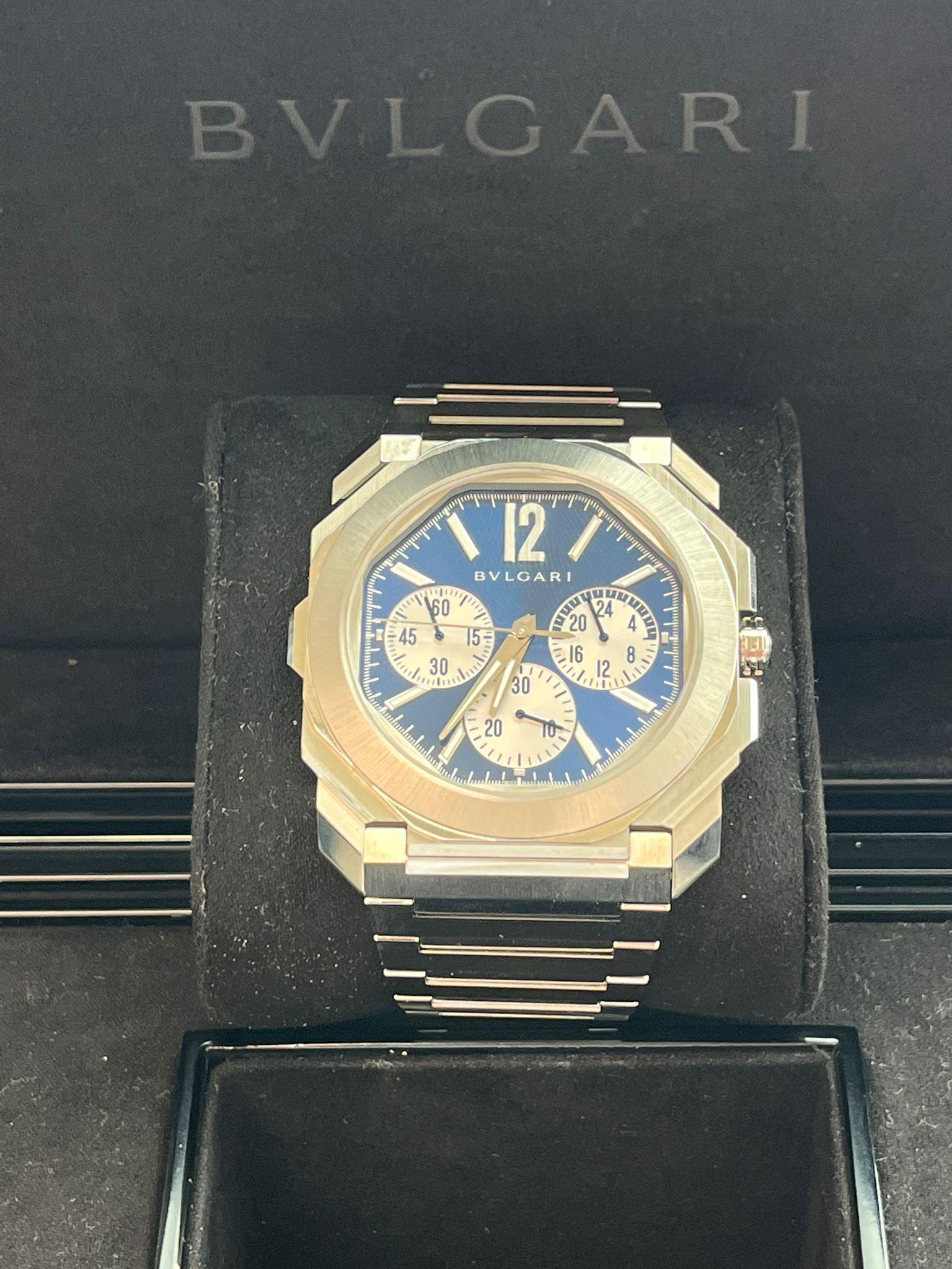 Bulgari Octo Finissimo Chronograph GMT Mechanical Blue Dial Steel Watch 103467 For Sale 6
