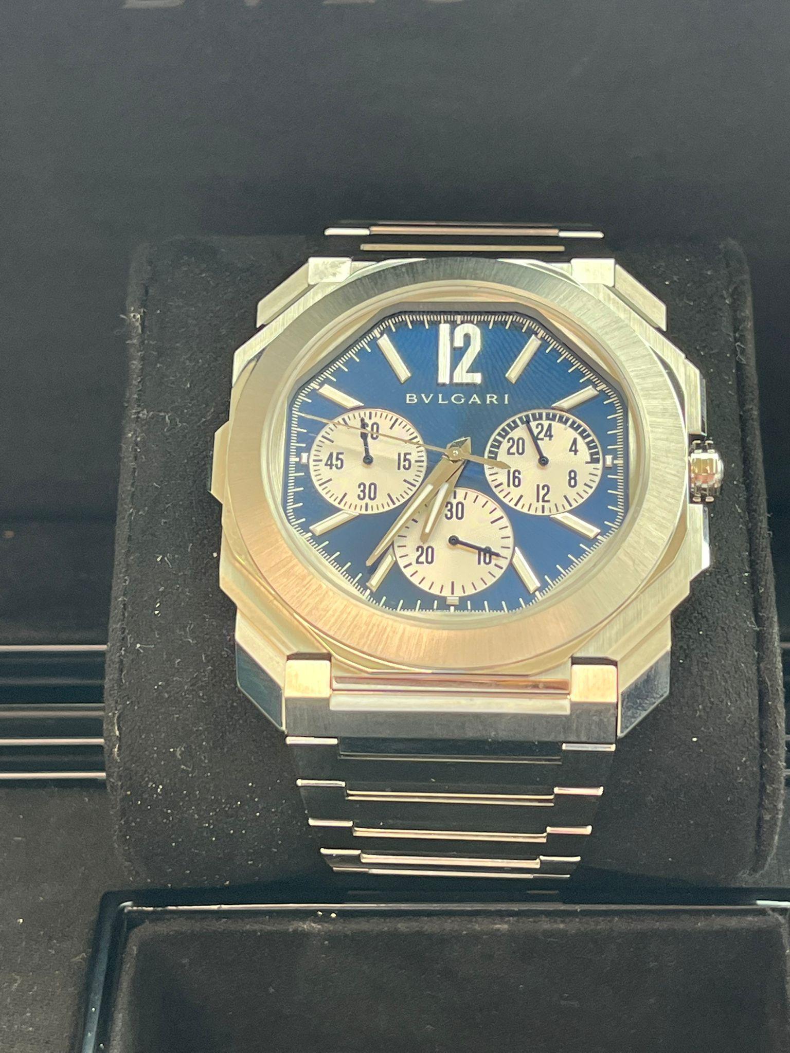 Bulgari Octo Finissimo Chronograph GMT Mechanical Blue Dial Steel Watch 103467 For Sale 8