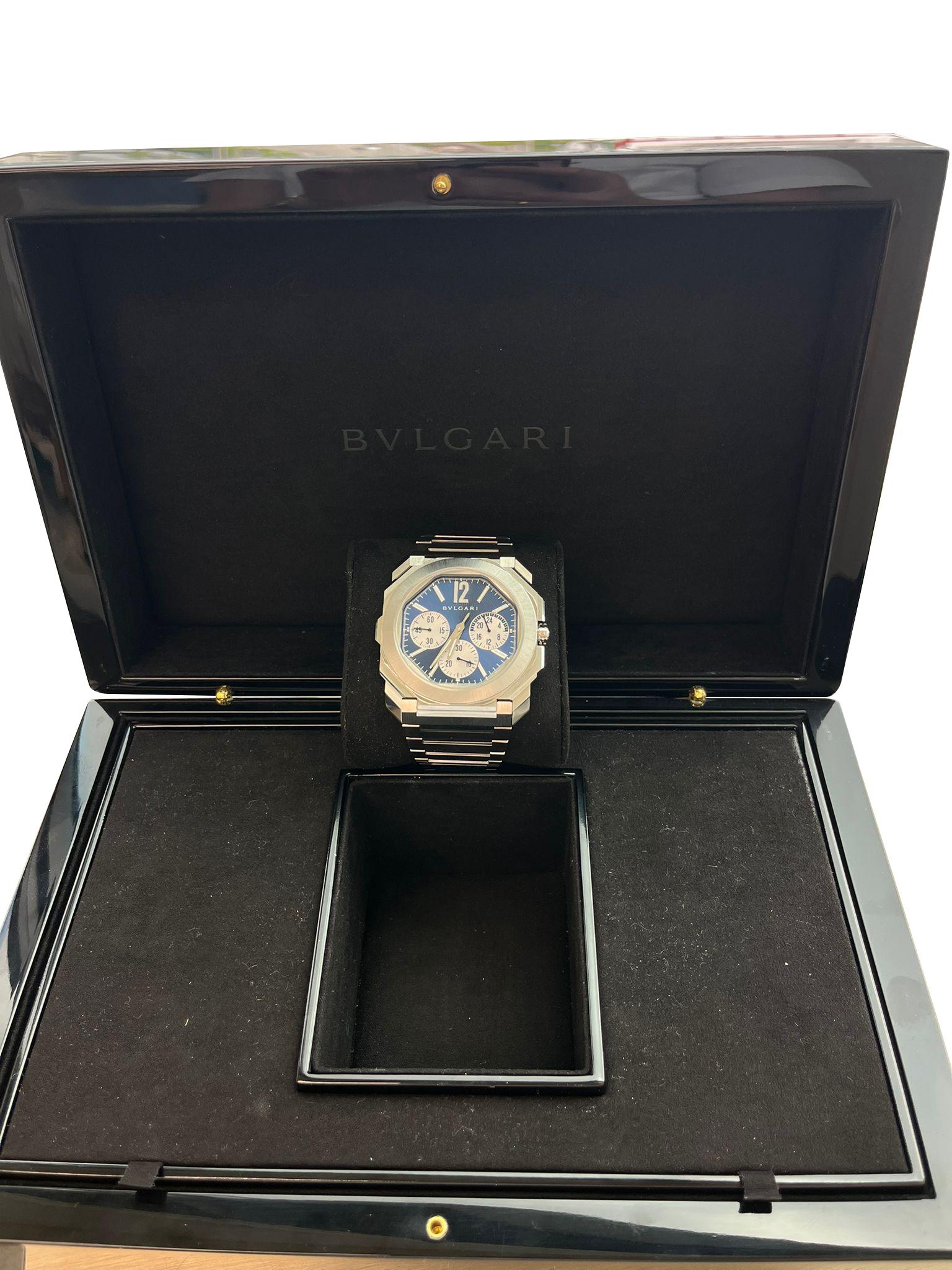 Bulgari Octo Finissimo Chronograph GMT Mechanical Blue Dial Steel Watch 103467 For Sale 10