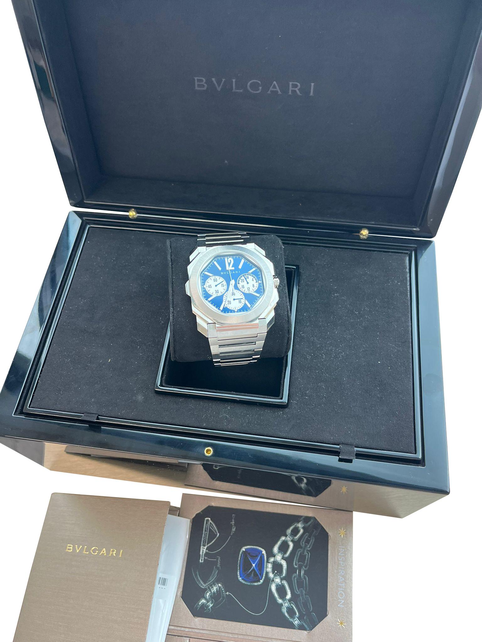 Bulgari Octo Finissimo Chronograph GMT Mechanical Blue Dial Steel Watch 103467 In Excellent Condition For Sale In Aventura, FL