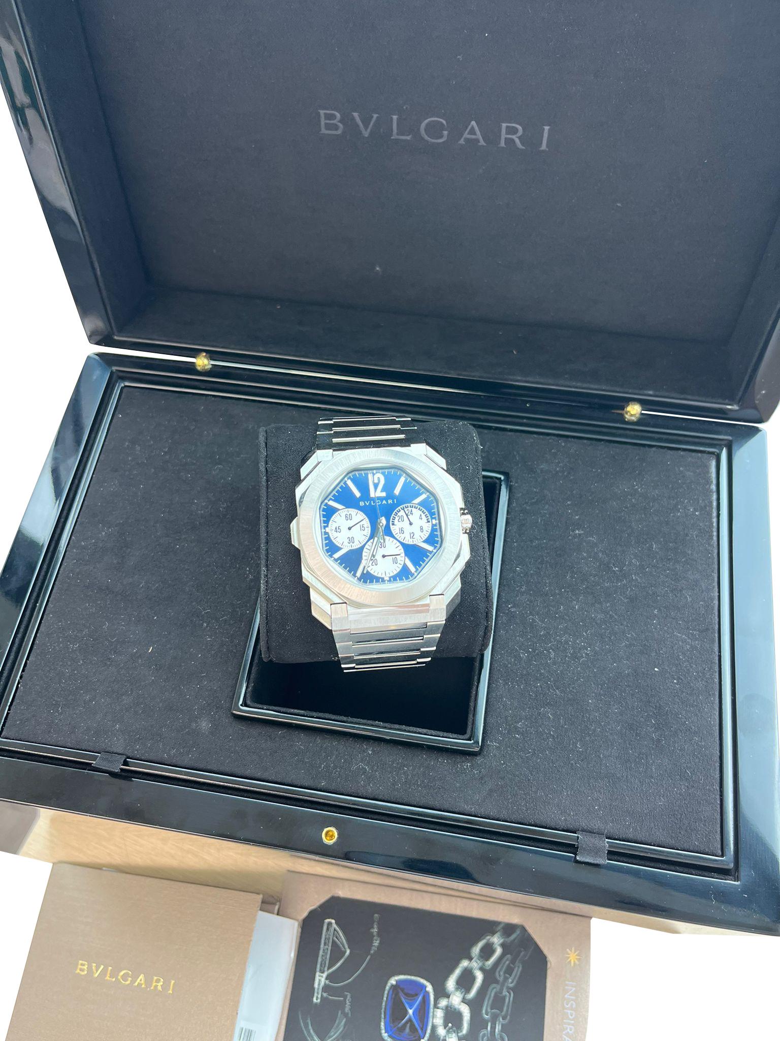 Women's or Men's Bulgari Octo Finissimo Chronograph GMT Mechanical Blue Dial Steel Watch 103467 For Sale