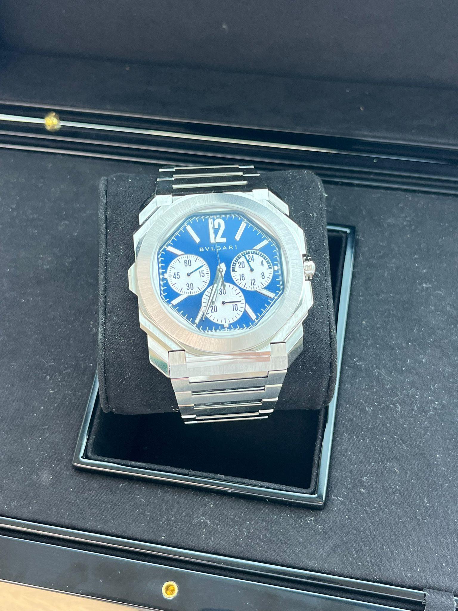 Bulgari Octo Finissimo Chronograph GMT Mechanical Blue Dial Steel Watch 103467 For Sale 1