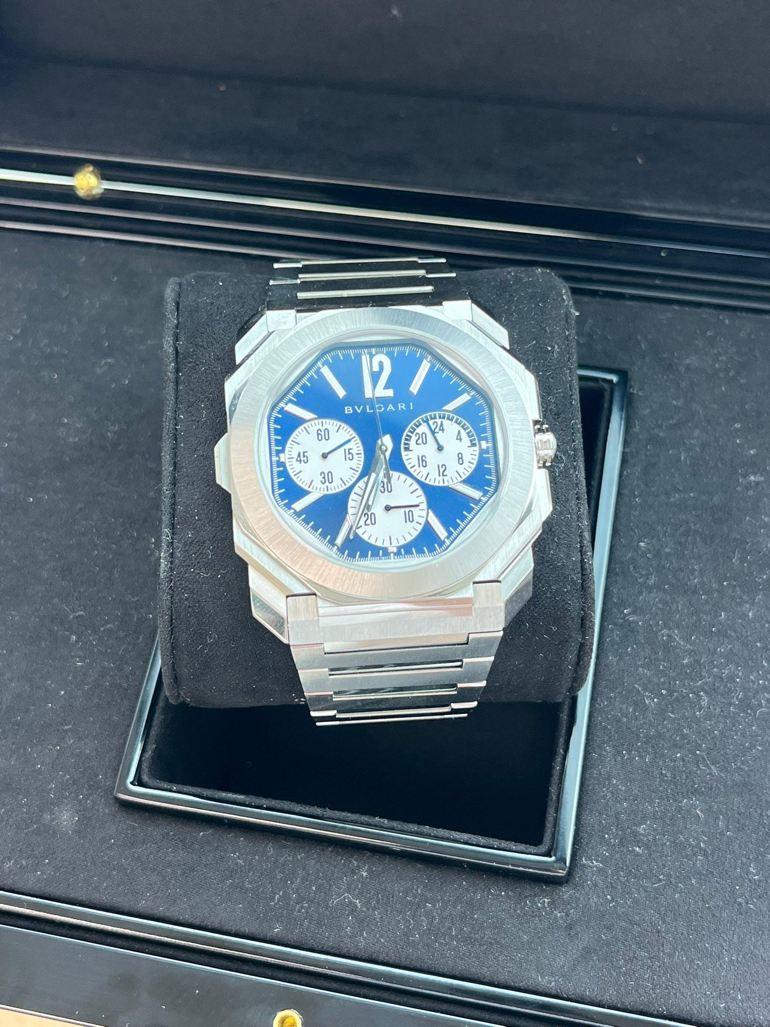 Bulgari Octo Finissimo Chronograph GMT Mechanical Blue Dial Steel Watch 103467 For Sale 2