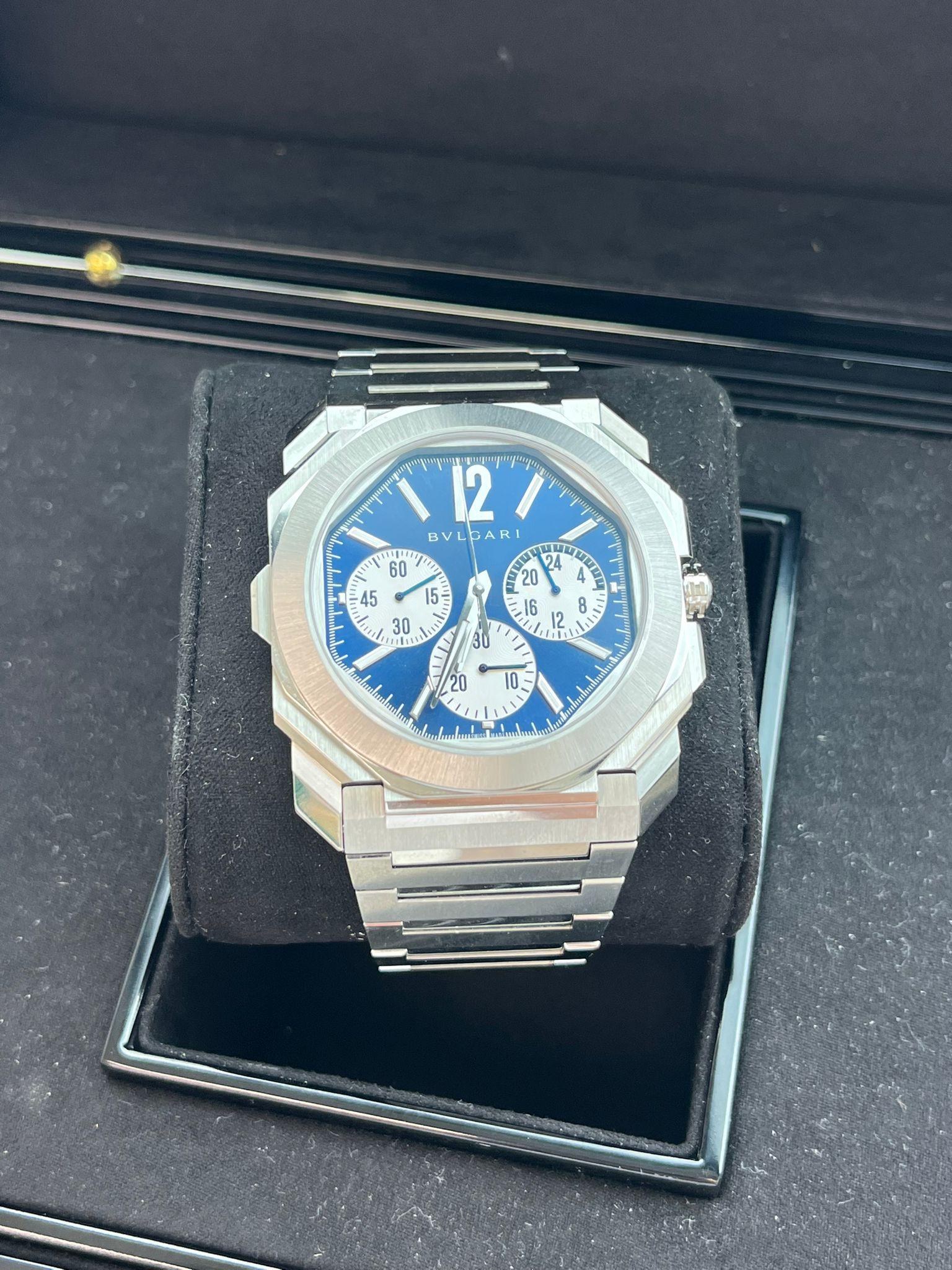 Bulgari Octo Finissimo Chronograph GMT Mechanical Blue Dial Steel Watch 103467 For Sale 3