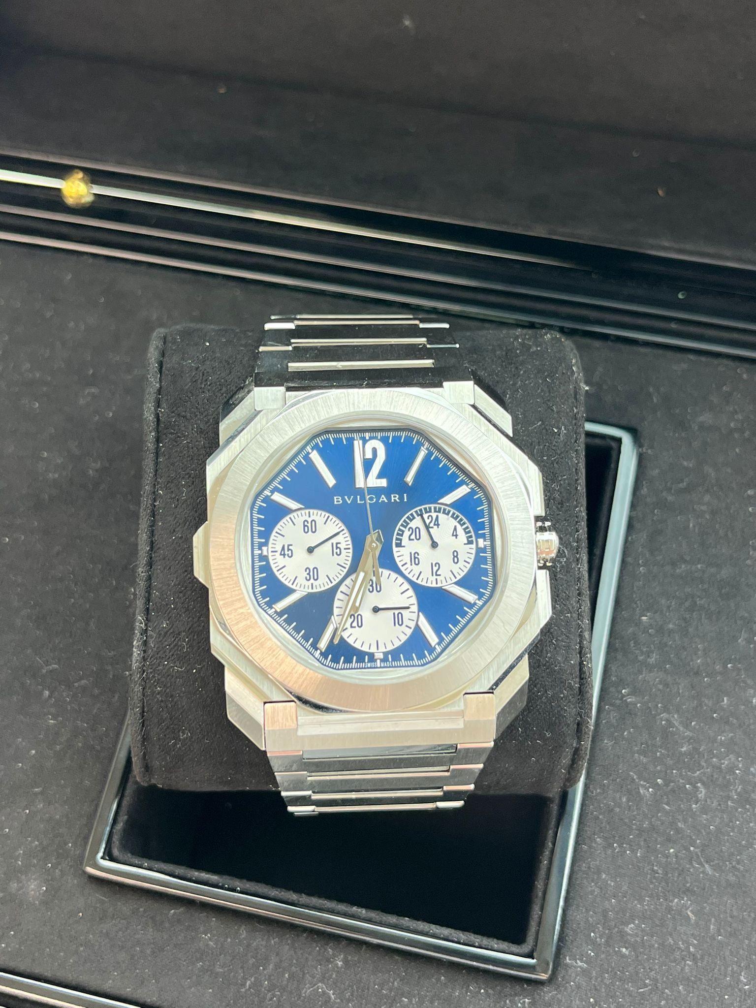 Bulgari Octo Finissimo Chronograph GMT Mechanical Blue Dial Steel Watch 103467 For Sale 4